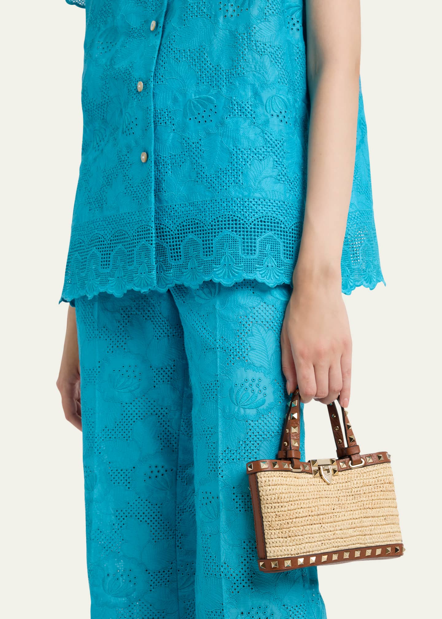 Valentino Garavani Mini Rockstud Viscose Raffia Top-Handle Bag