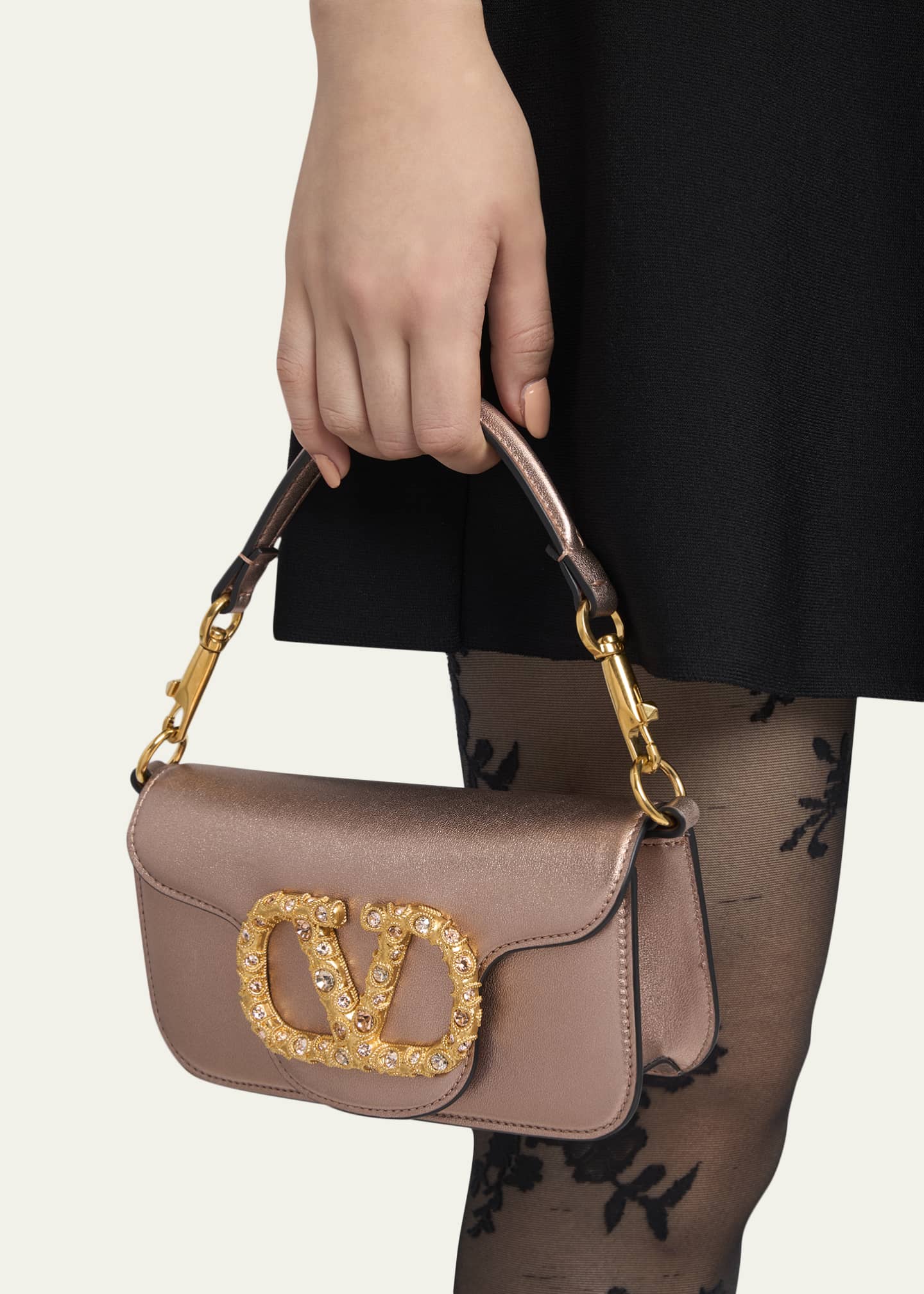 Valentino Garavani Small Crystal VLogo Metallic Leather Top-Handle