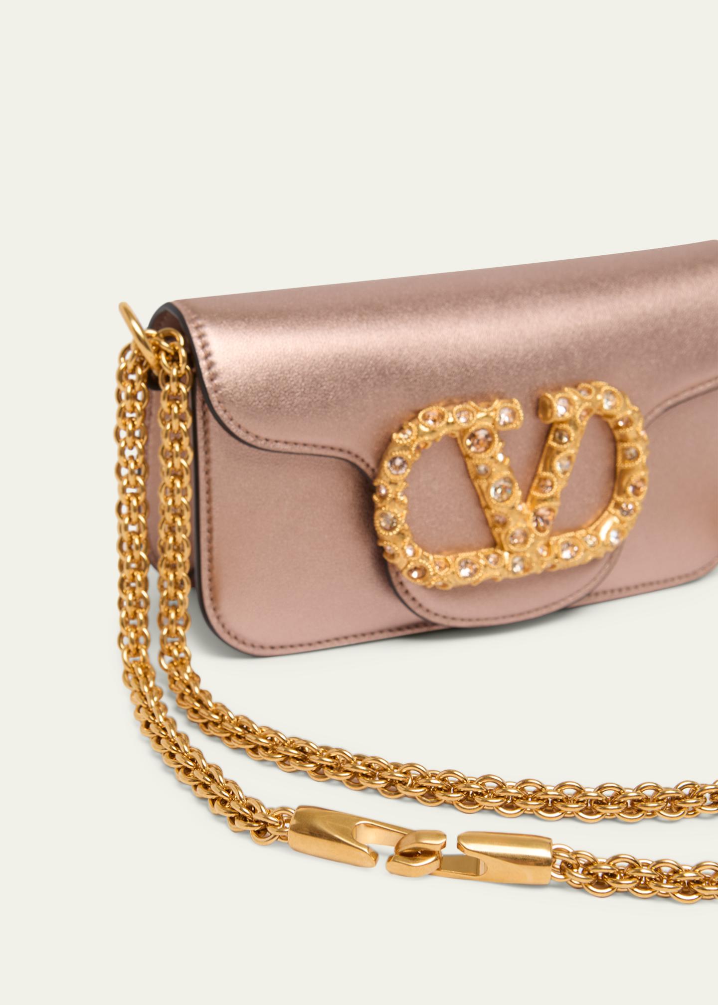 Valentino Garavani Small Crystal VLogo Metallic Leather Top-Handle
