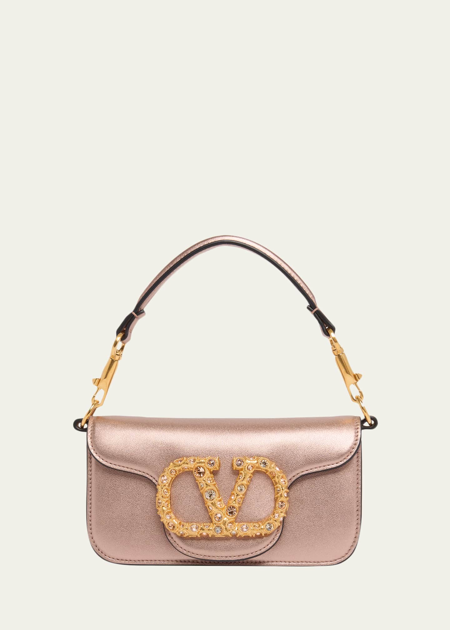 Valentino Garavani Small Crystal VLogo Metallic Leather Top-Handle