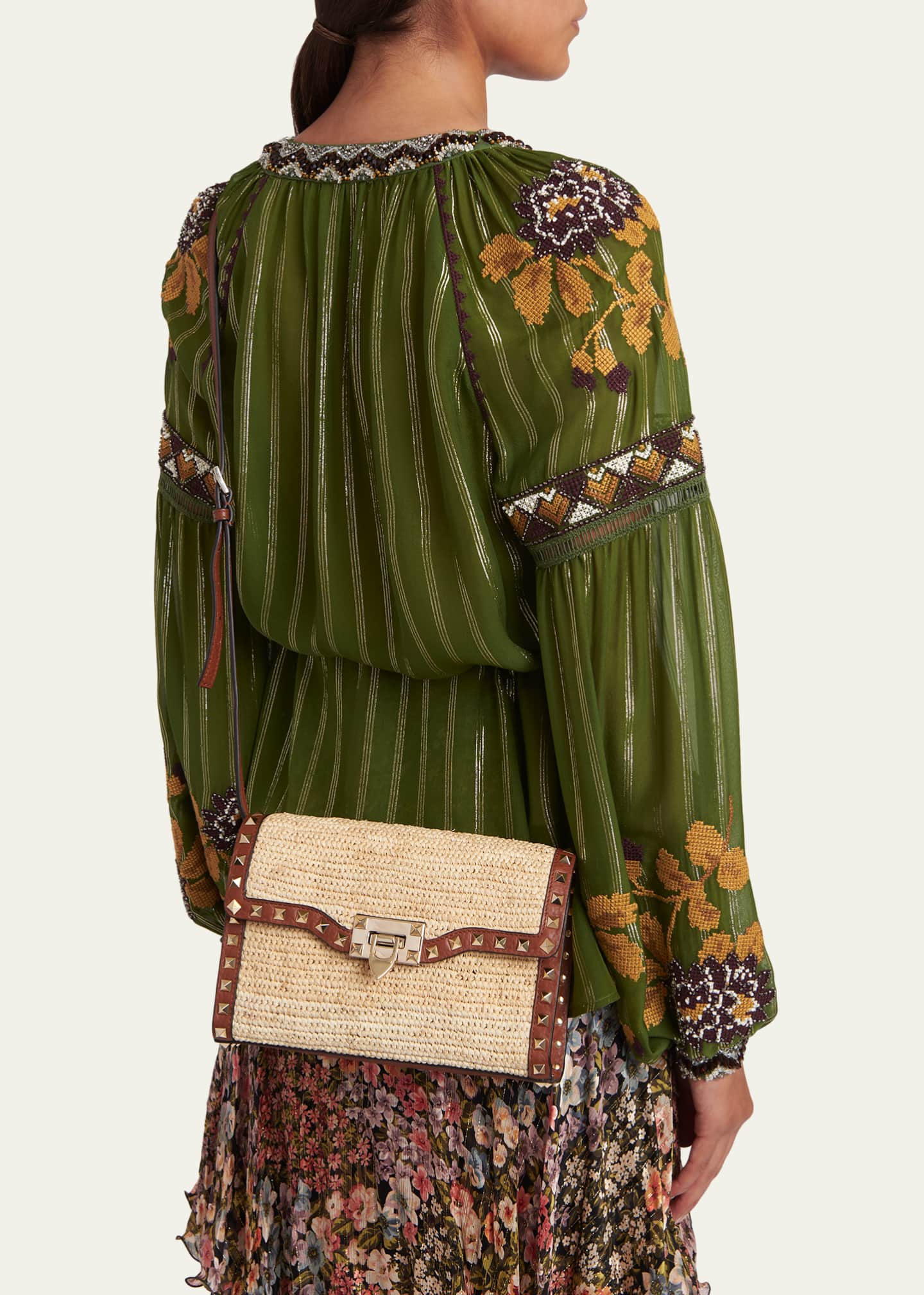 Valentino Garavani Small Rockstud-Trim Viscose Raffia Crossbody