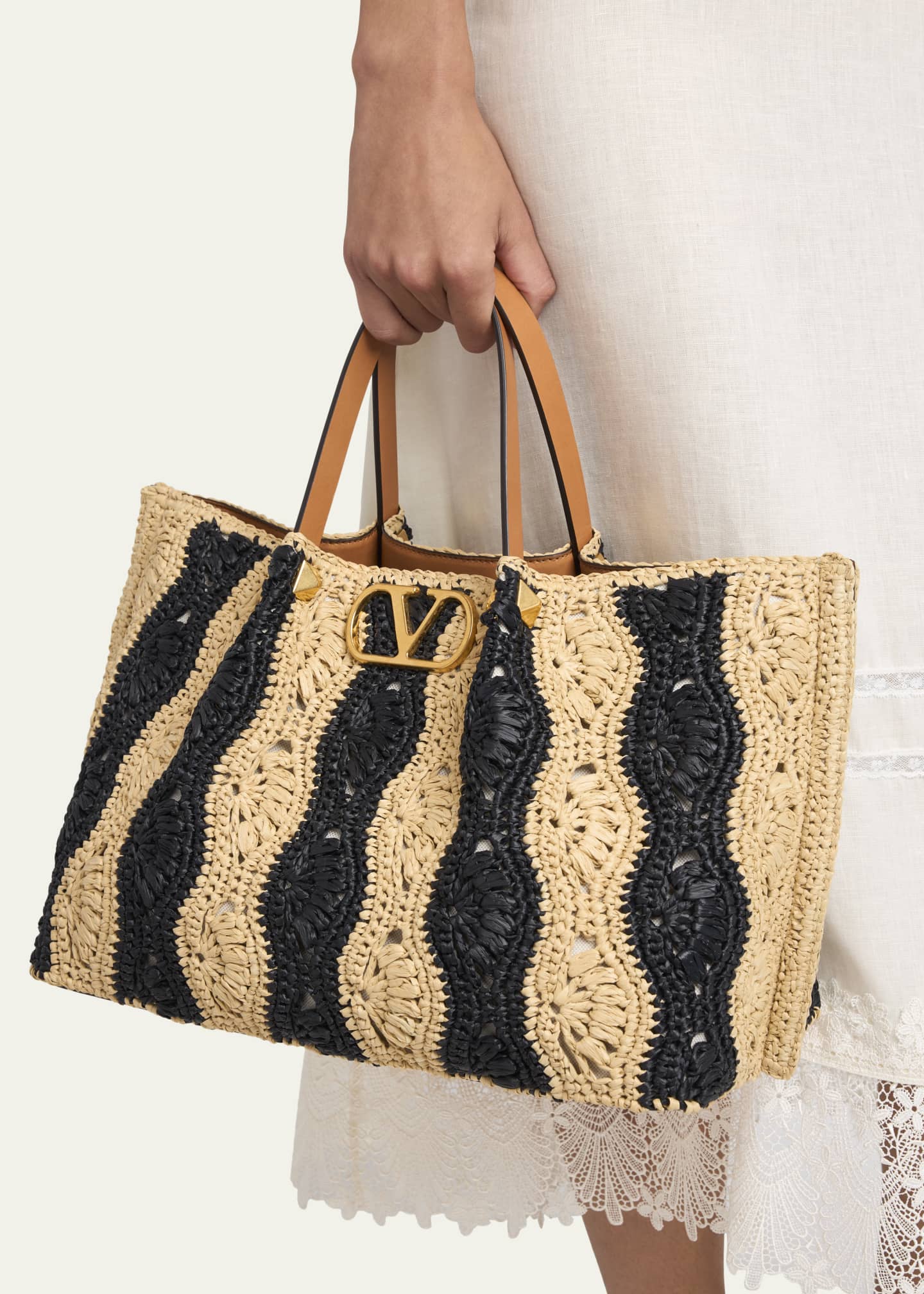 Valentino Garavani Medium Wavy Striped Viscose Raffia Tote Bag
