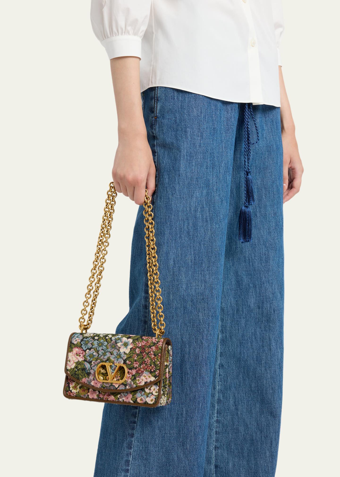 Valentino Garavani Small Floral Woven Leather-Trim Shoulder Bag