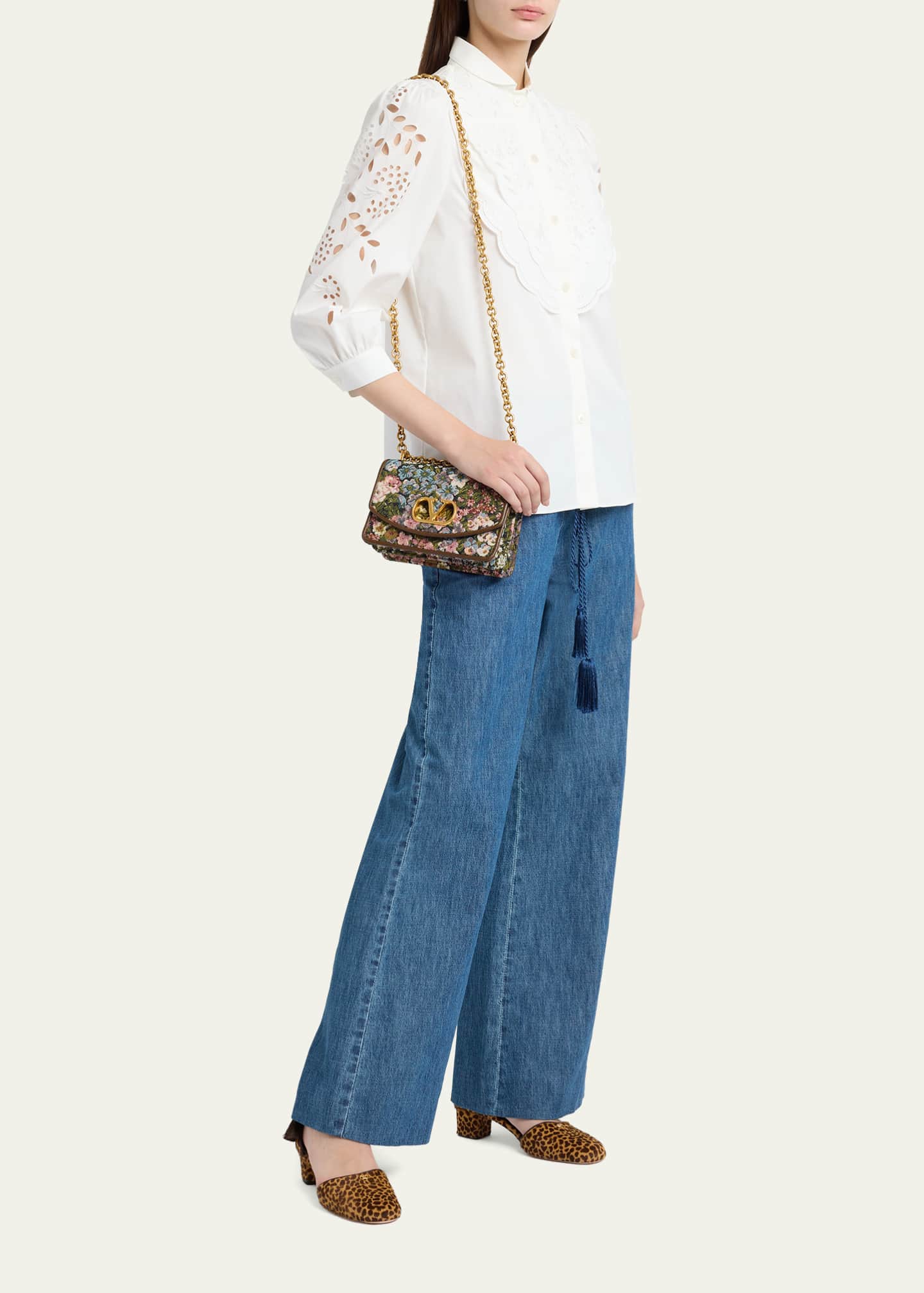 Valentino Garavani Small Floral Woven Leather-Trim Shoulder Bag