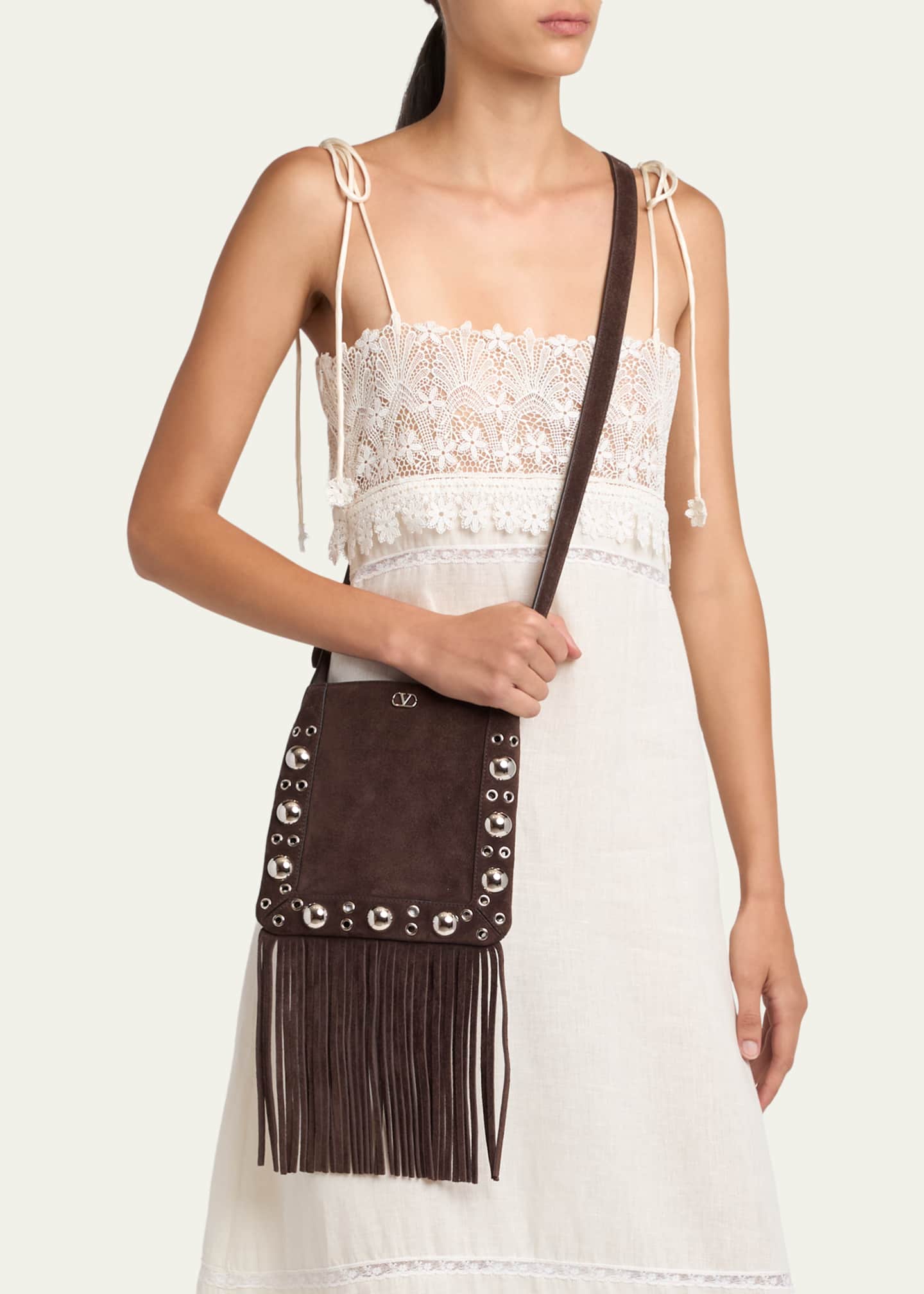 Valentino Garavani Small Studded Fringe Suede Crossbody Bag