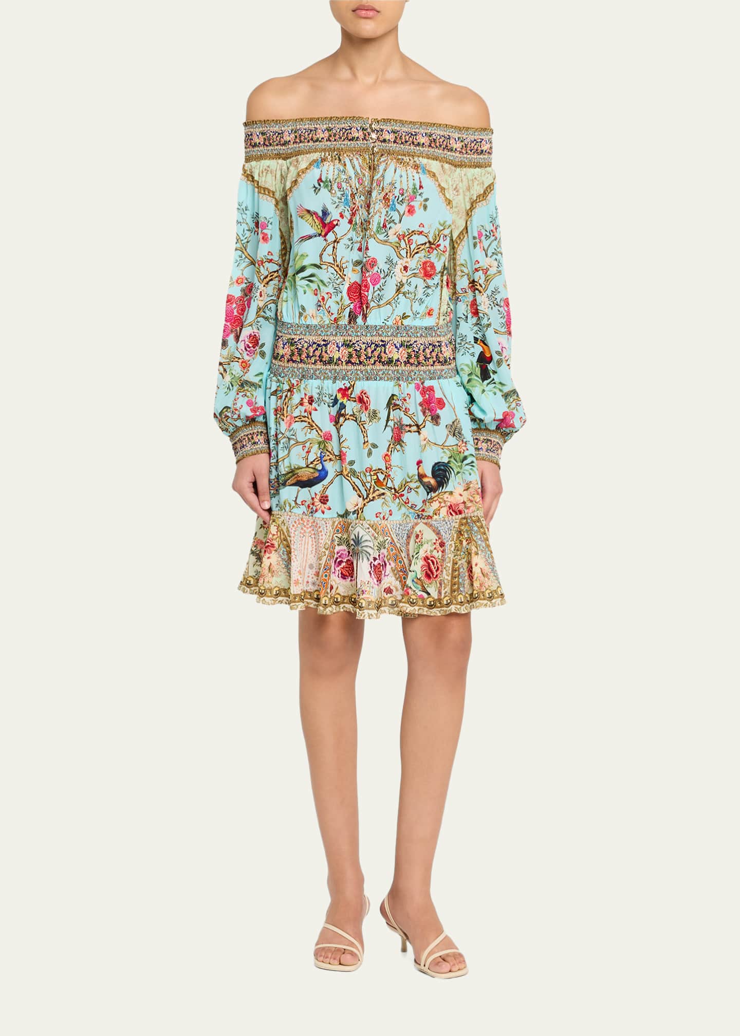 camilla off shoulder short dress Off-the-shoulder printed satin mini dress - red
