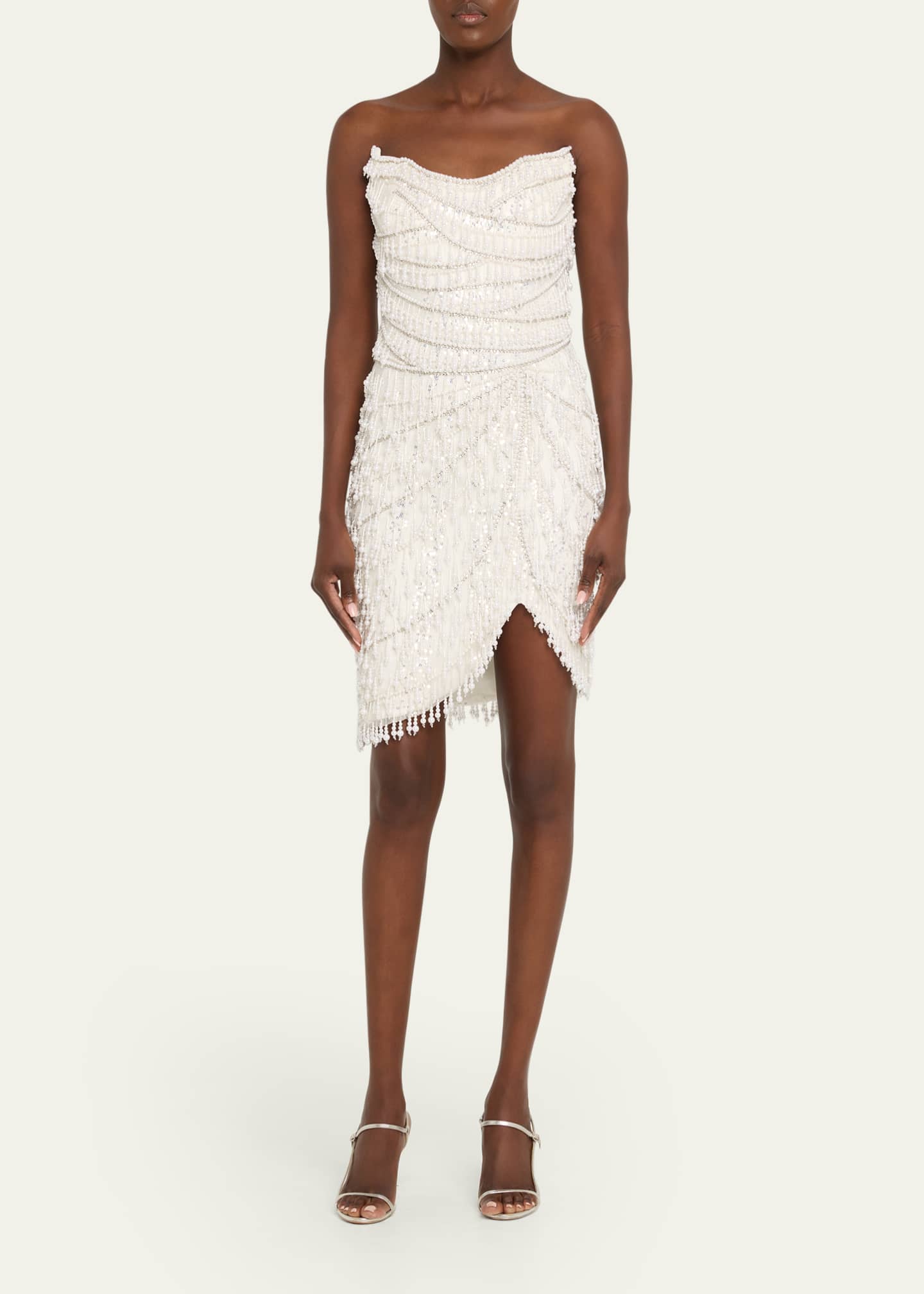 Strapless Fringe Embroidered Tulle Mini Cocktail Dress