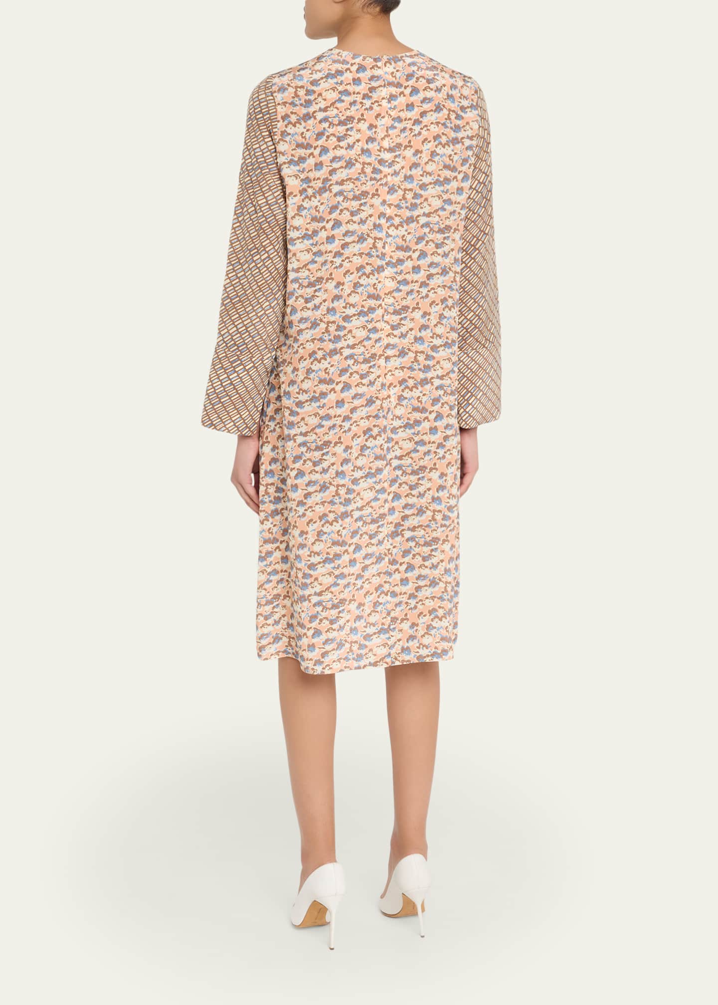 marni silk dress Marni Mixed-Print Silk Long-Sleeve Empire Shift Dress