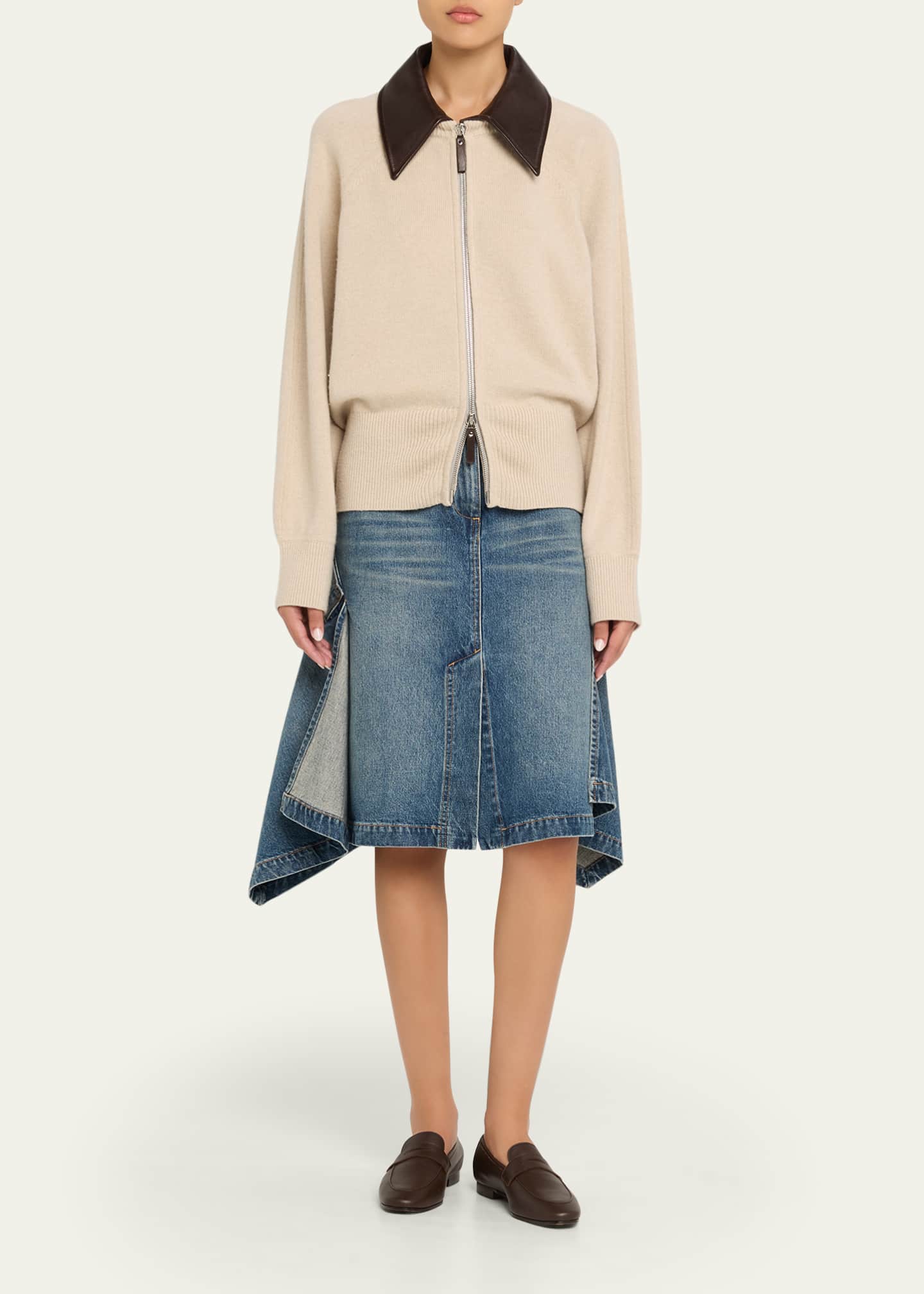 マロン Brandon Maxwell Conrad Leather-Collar Cashmere Zip Cardigan