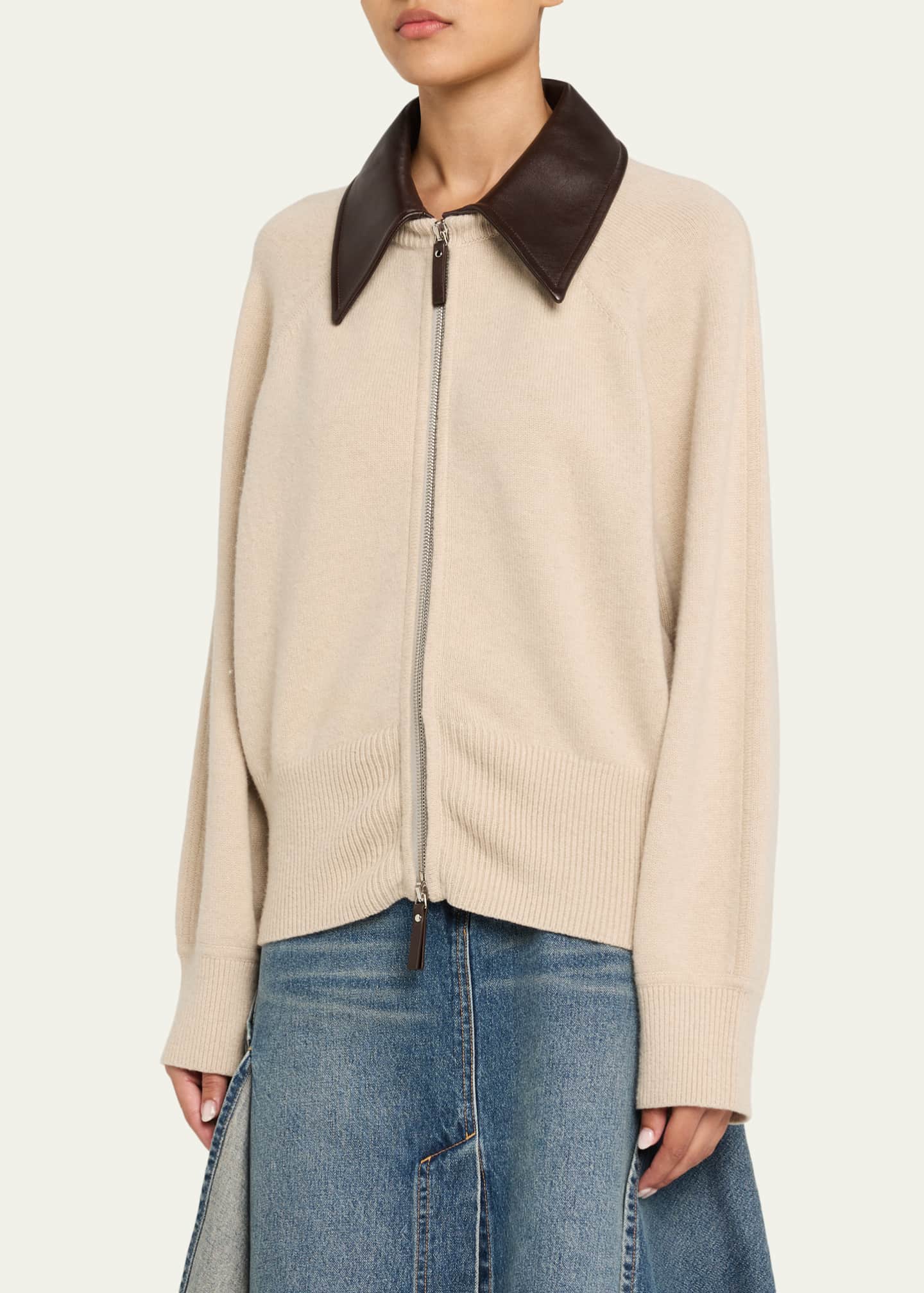 Brandon Maxwell Conrad Leather-Collar Cashmere Zip Cardigan