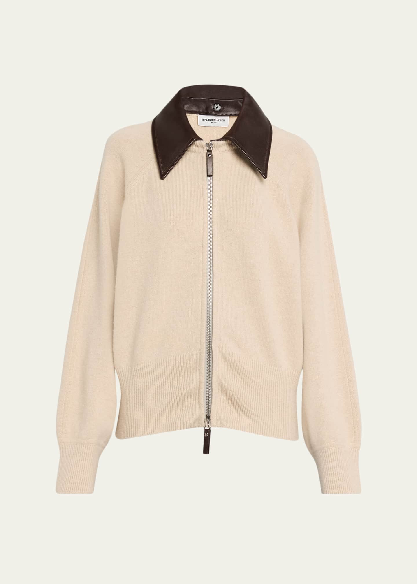 マロン Brandon Maxwell Conrad Leather-Collar Cashmere Zip Cardigan