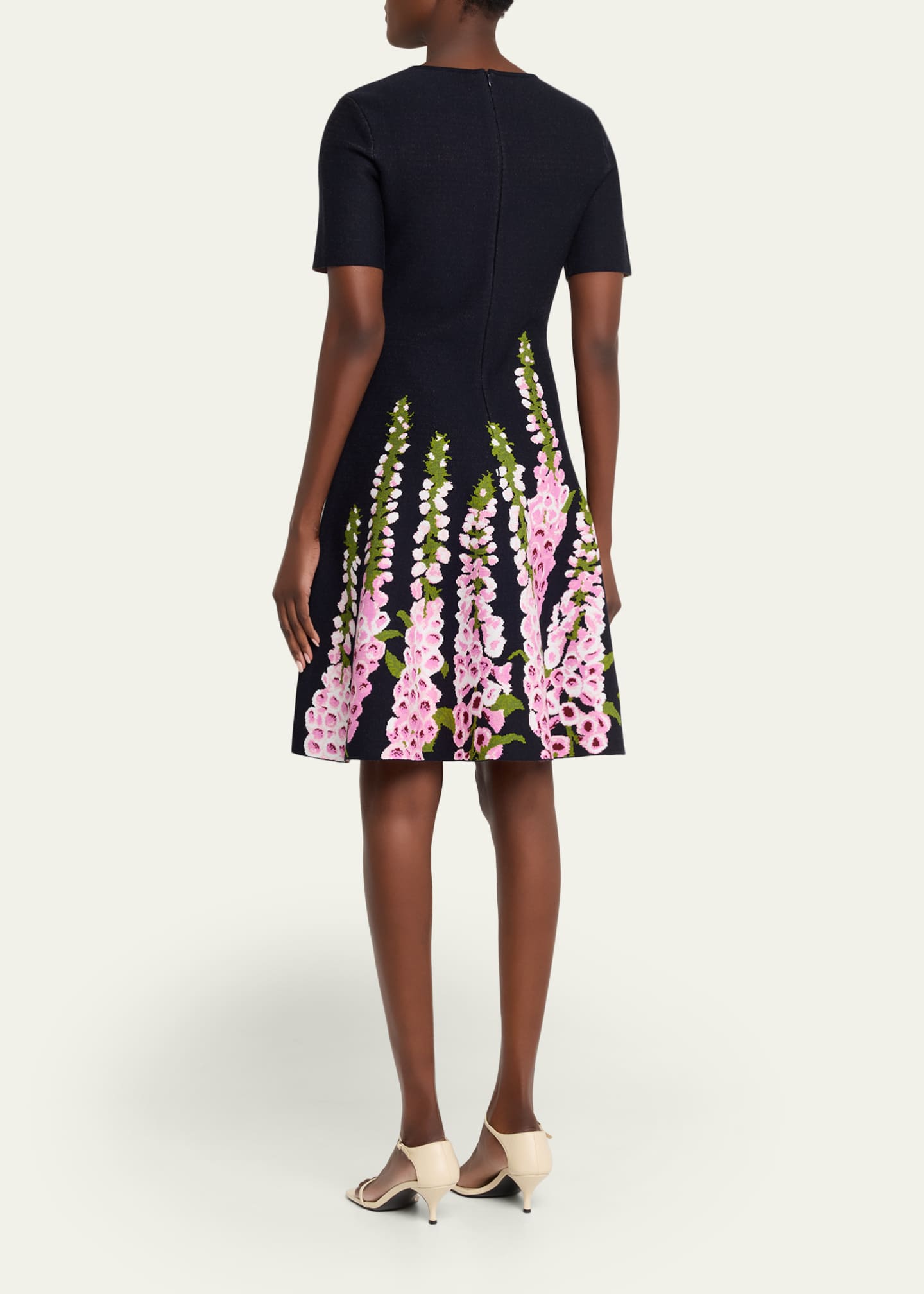 Oscar de La Renta Foxglove Jacquard Knit Short-Sleeve Mini Dress, Blue, Women's, Small, Casual & Work Dresses Knit Dresses
