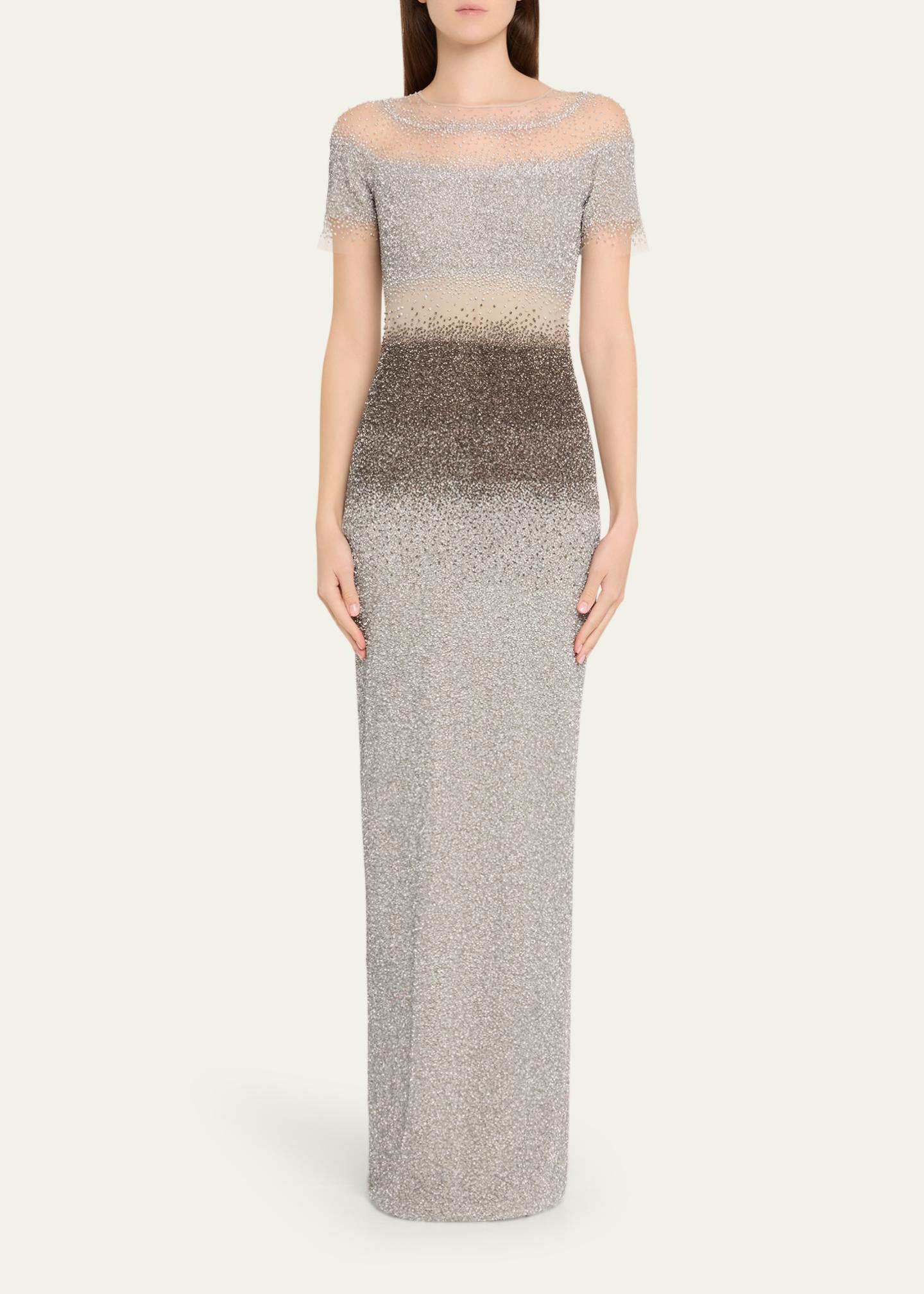 Pamella Roland Short-Sleeve Ombre Sequined Column Gown