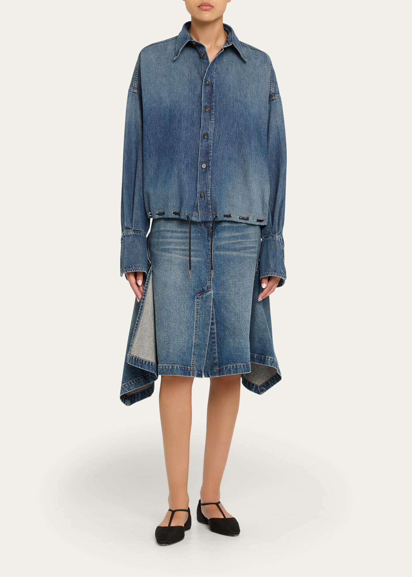 brandon maxwell denim dress Leland Drawstring Bubble Shirt 100% cotton Size:Medium / B ROAM DROP 4 Sleeve Western Dresses For Wedding