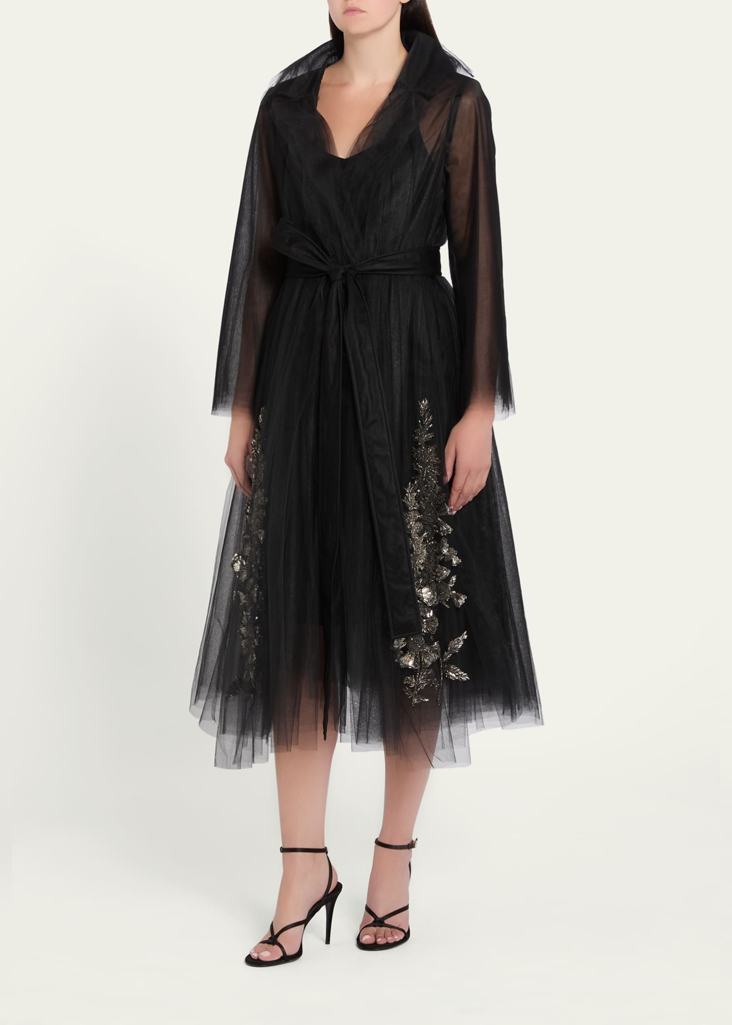 Oscar de la Renta Foxglove Embellished Tulle Belted Flare Coat