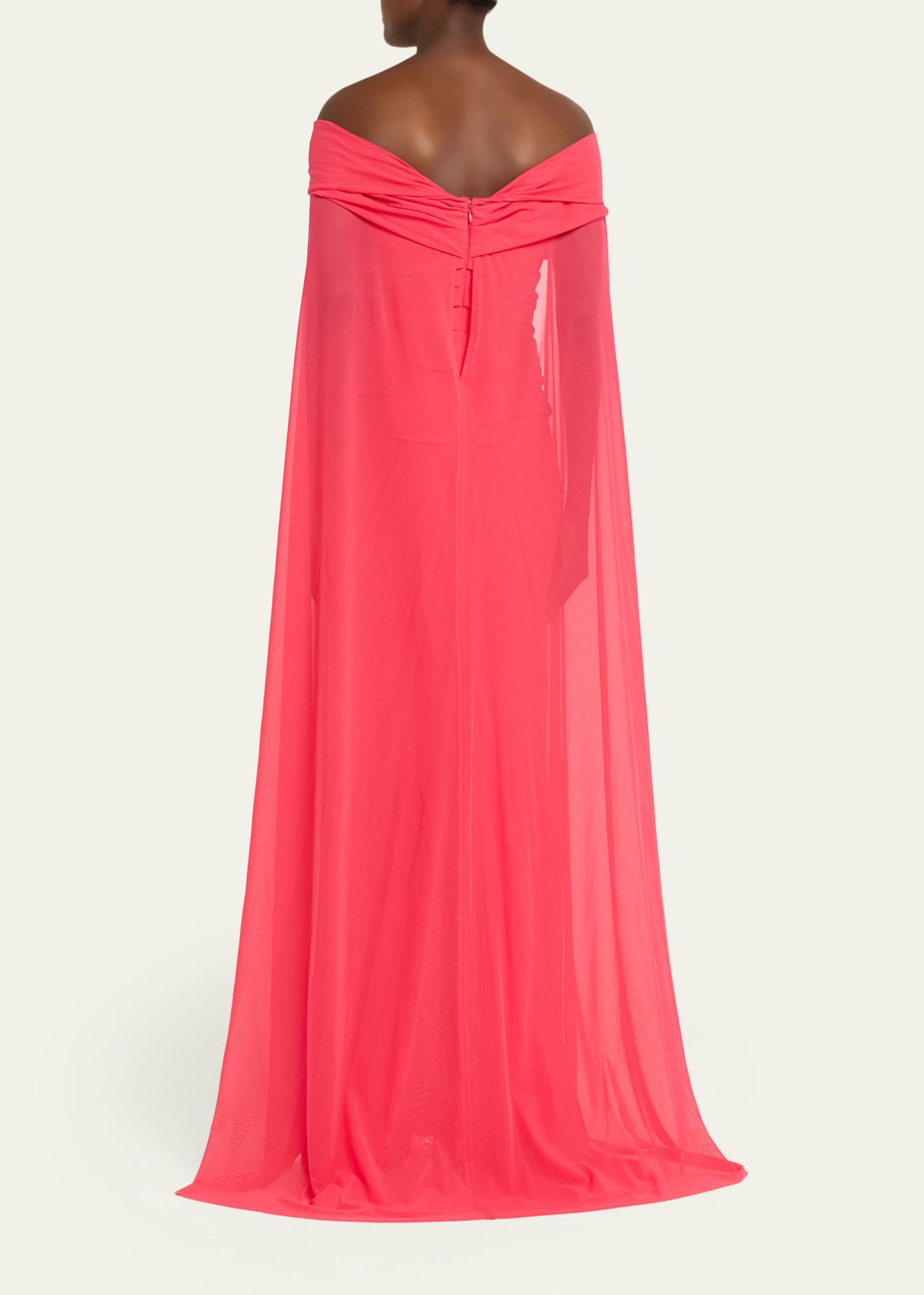Talbot Runhof Ruched Off-The-Shoulder Mesh Cape Gown - Bergdorf Goodman