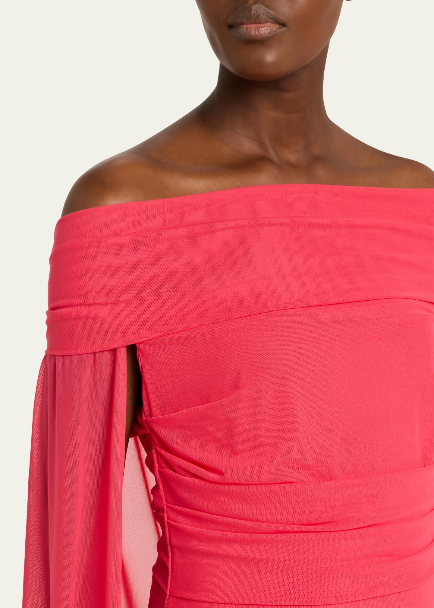 Talbot Runhof Ruched Off-The-Shoulder Mesh Cape Gown - Bergdorf Goodman