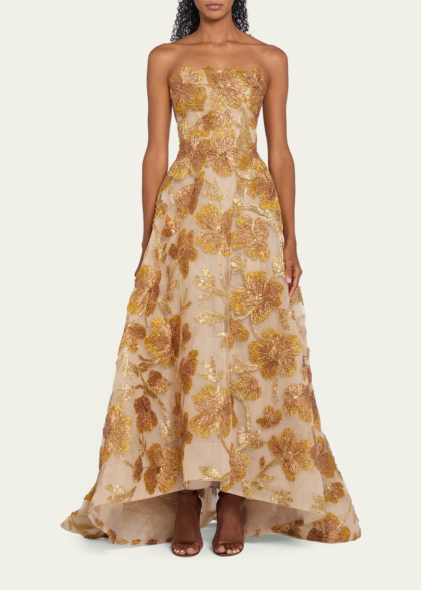 Monique Lhuillier Metallic Floral Embroidered High-Low Strapless Gown -  Bergdorf Goodman