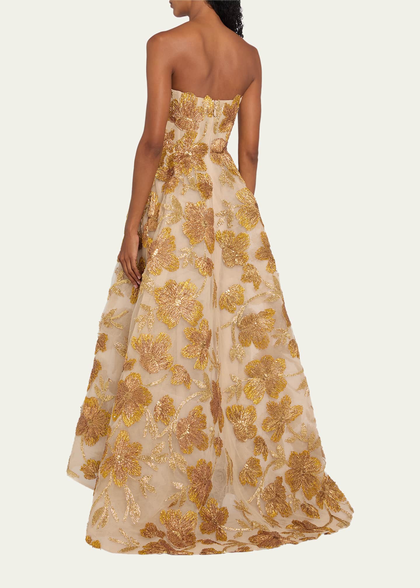 Monique Lhuillier Metallic Floral Embroidered High-Low Strapless Gown -  Bergdorf Goodman