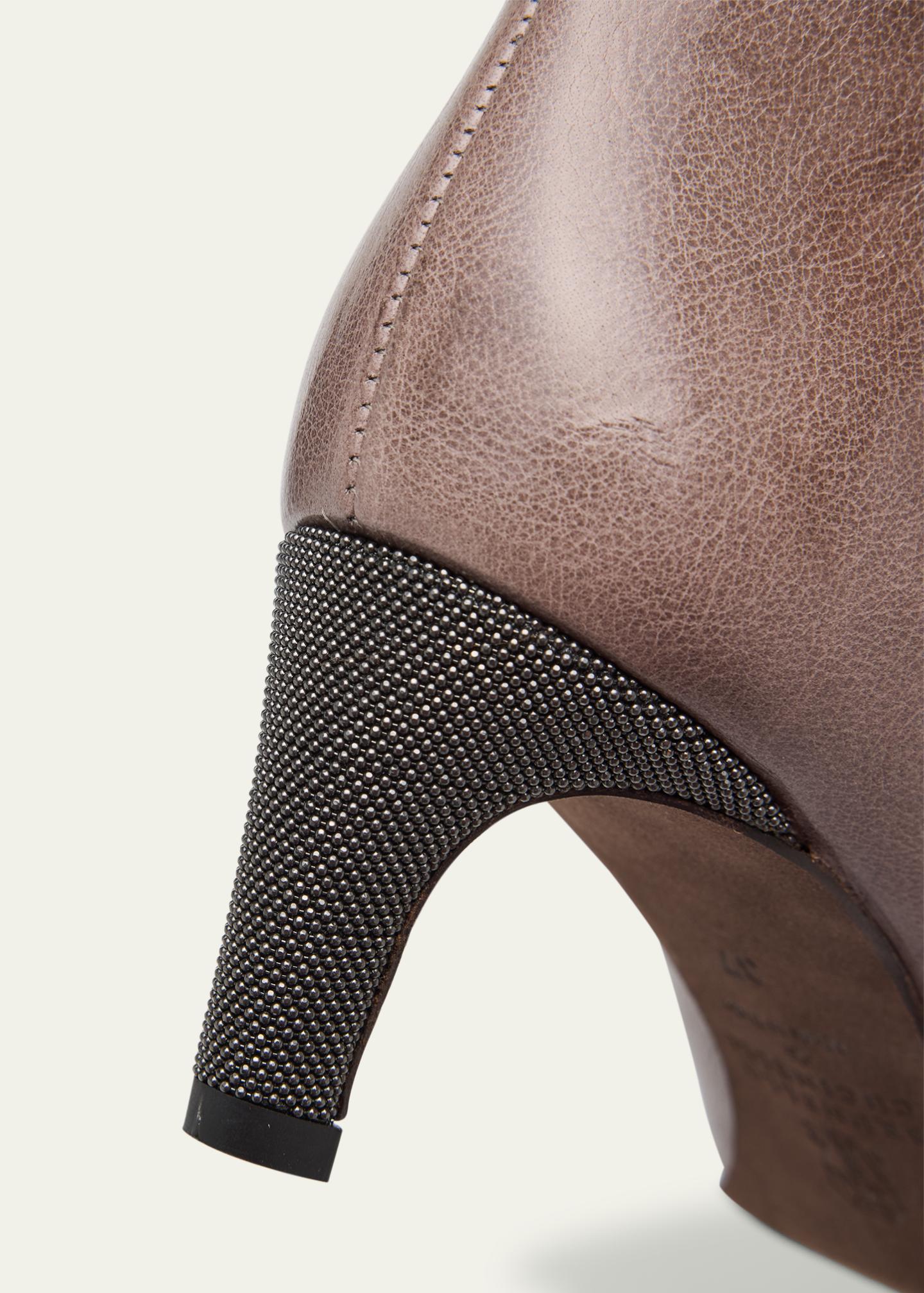 Brunello Cucinelli Leather Monili Kitten-Heel Ankle Booties