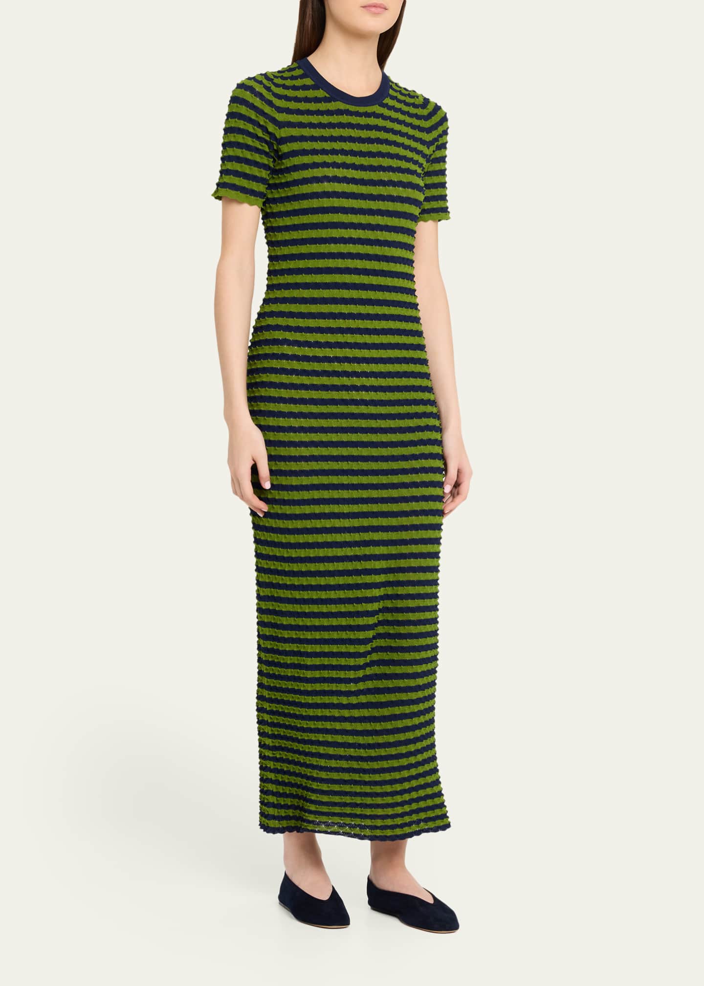 Zankov Striped Popcorn Knit Short-Sleeve Maxi Dress, Blue Grn, Women's, X-Small, Casual & Work Dresses Maxi Dresses