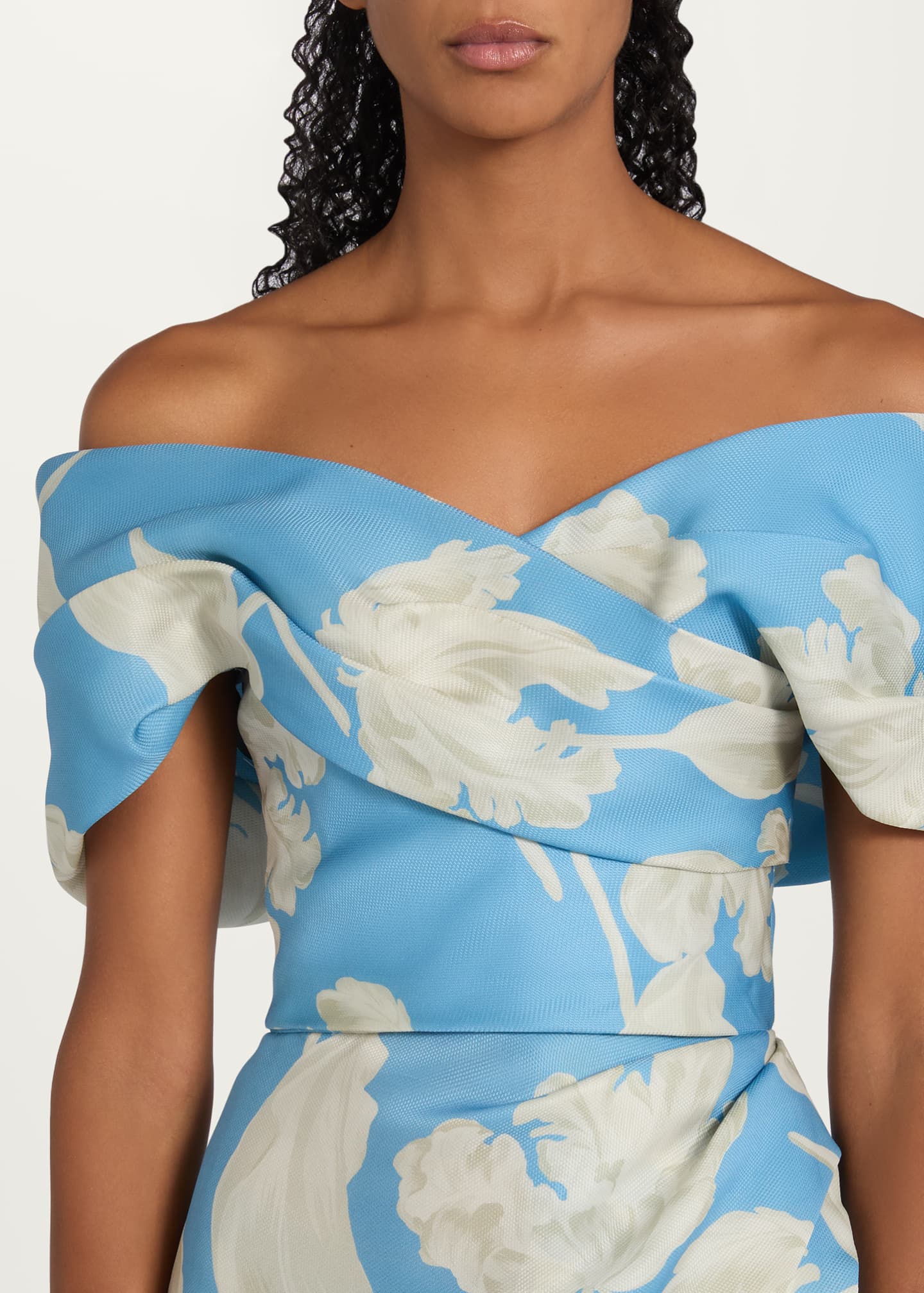 Monique Lhuillier Off-The-Shoulder Floral Gazar Trumpet Gown, Bluebelle, Women's, 4, Off-The-Shoulder Gowns