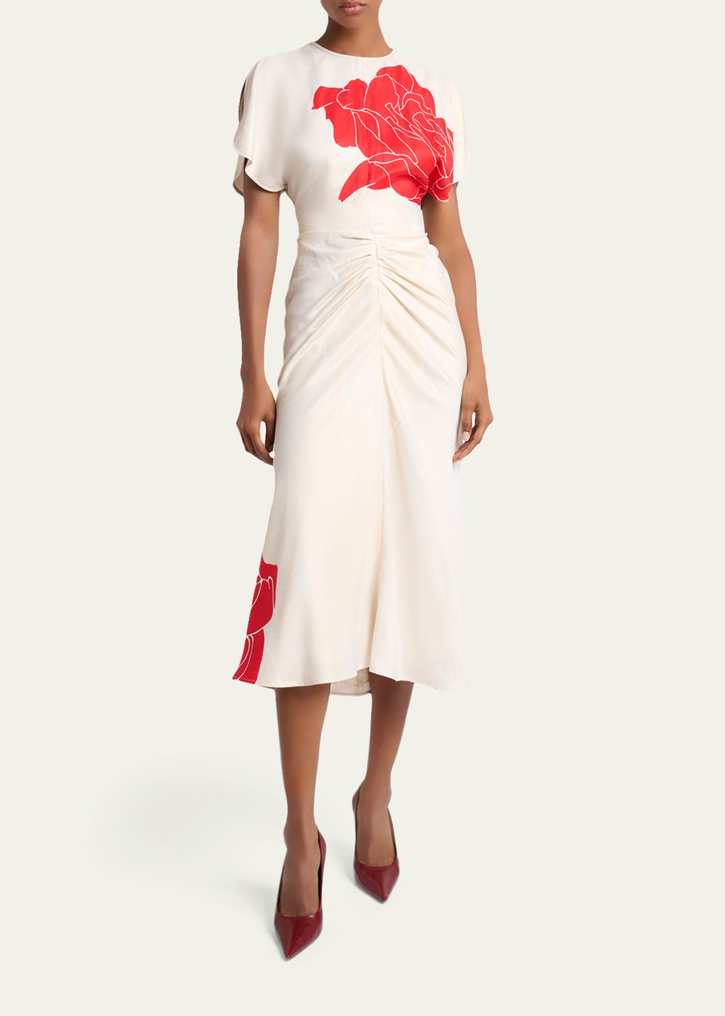 Victoria Beckham Ruched Floral-Print Viscose Midi Dress - Bergdorf 