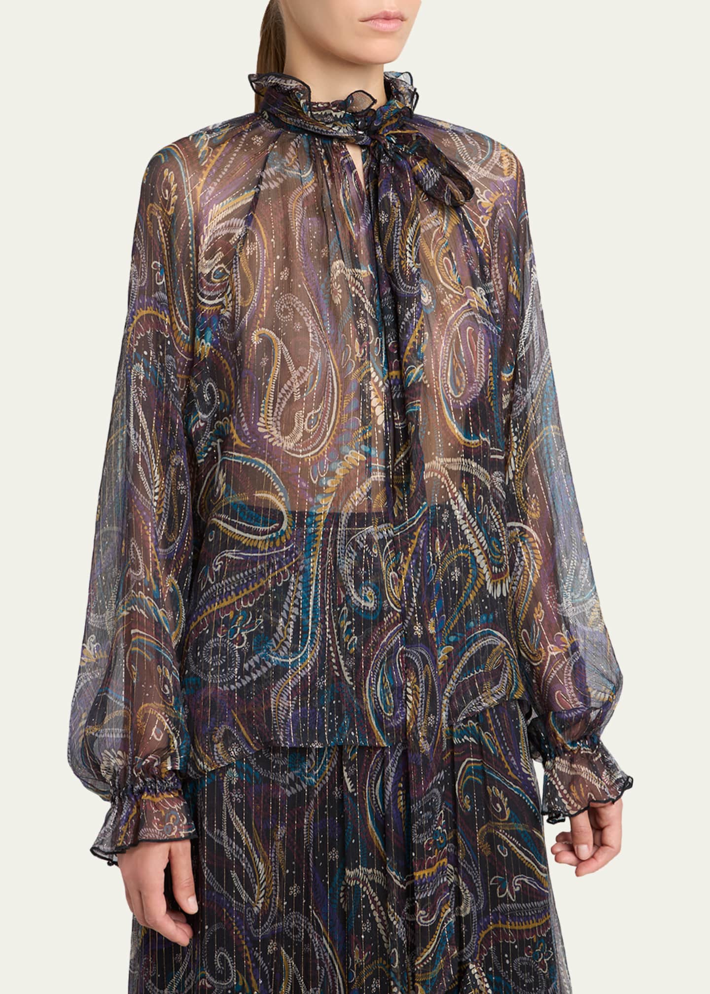 タグ付きETRO Paisley Print Sheer Blouse Etro Paisley Semi-Sheer Silk Blouse - Bergdorf Goodman