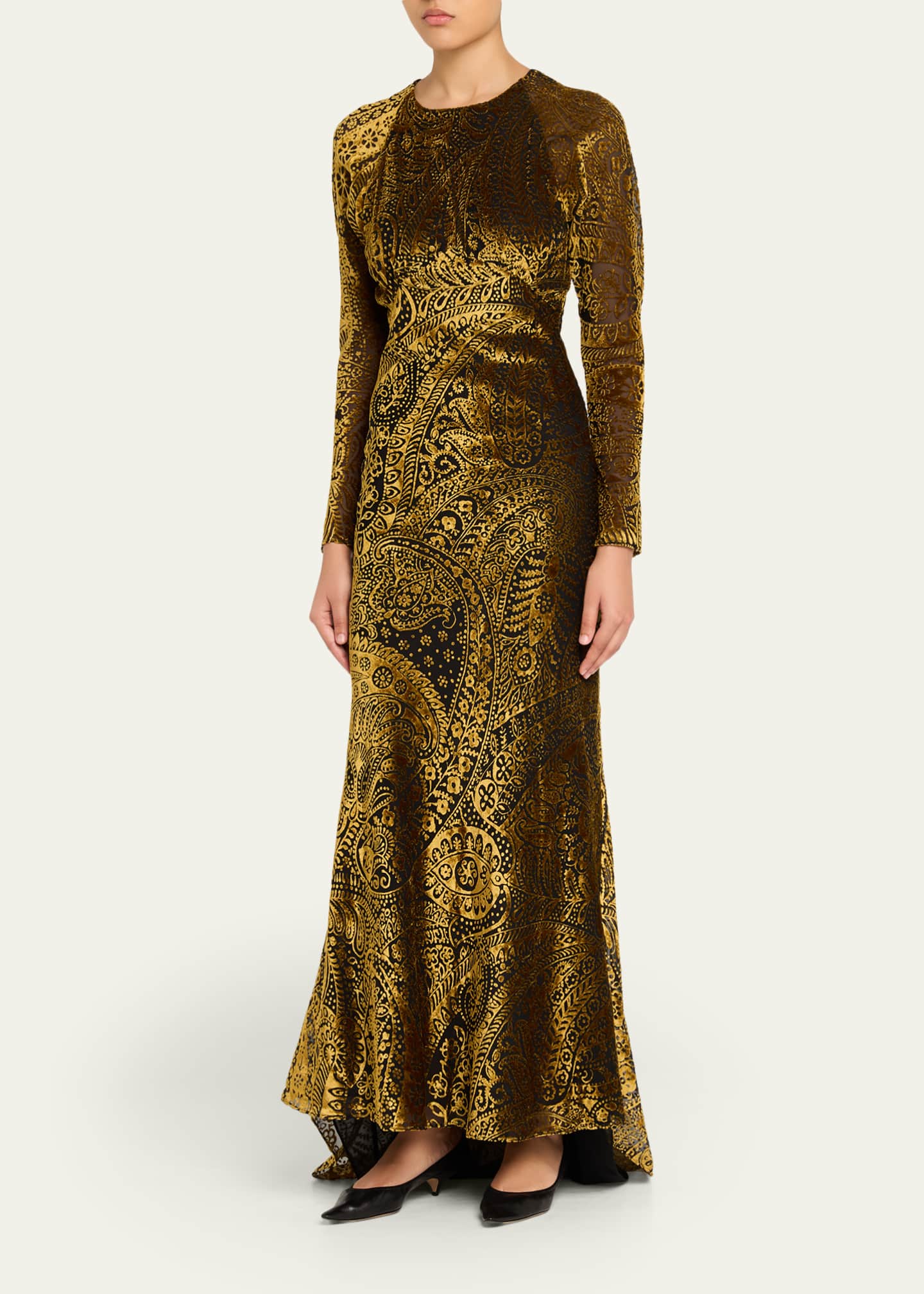 Etro, Long Burnout Velvet Dress With Floral Paisley Motif, Woman, Gold, Size 40