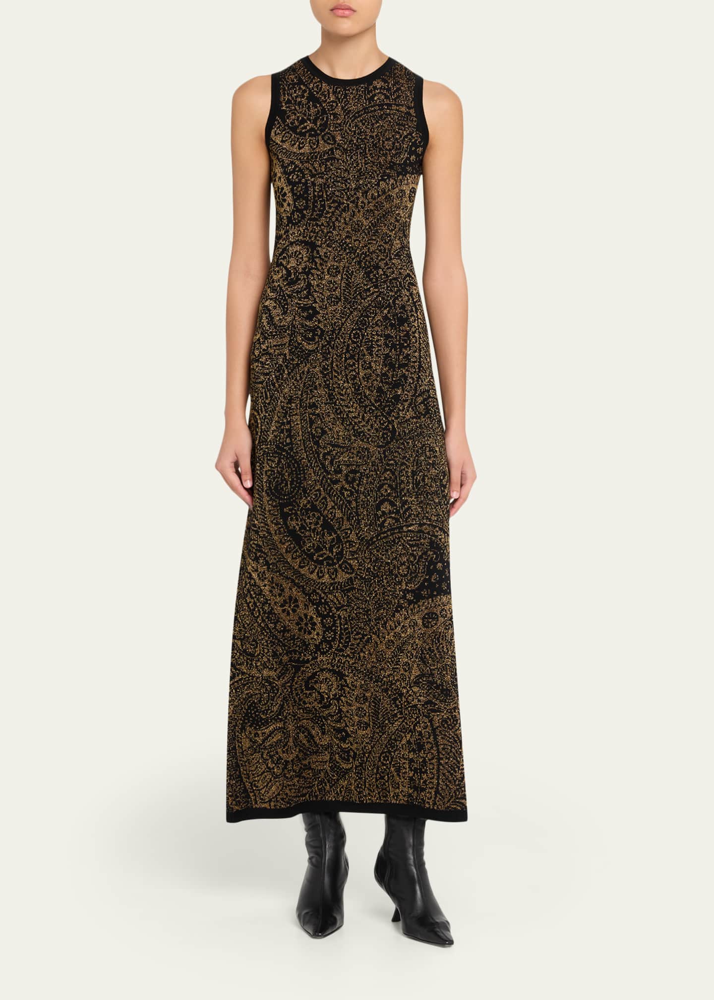 knee length dresses for ladies 1960s Blue with Gold Metallic Lamé Paisley Print Vintage Gown main image 0