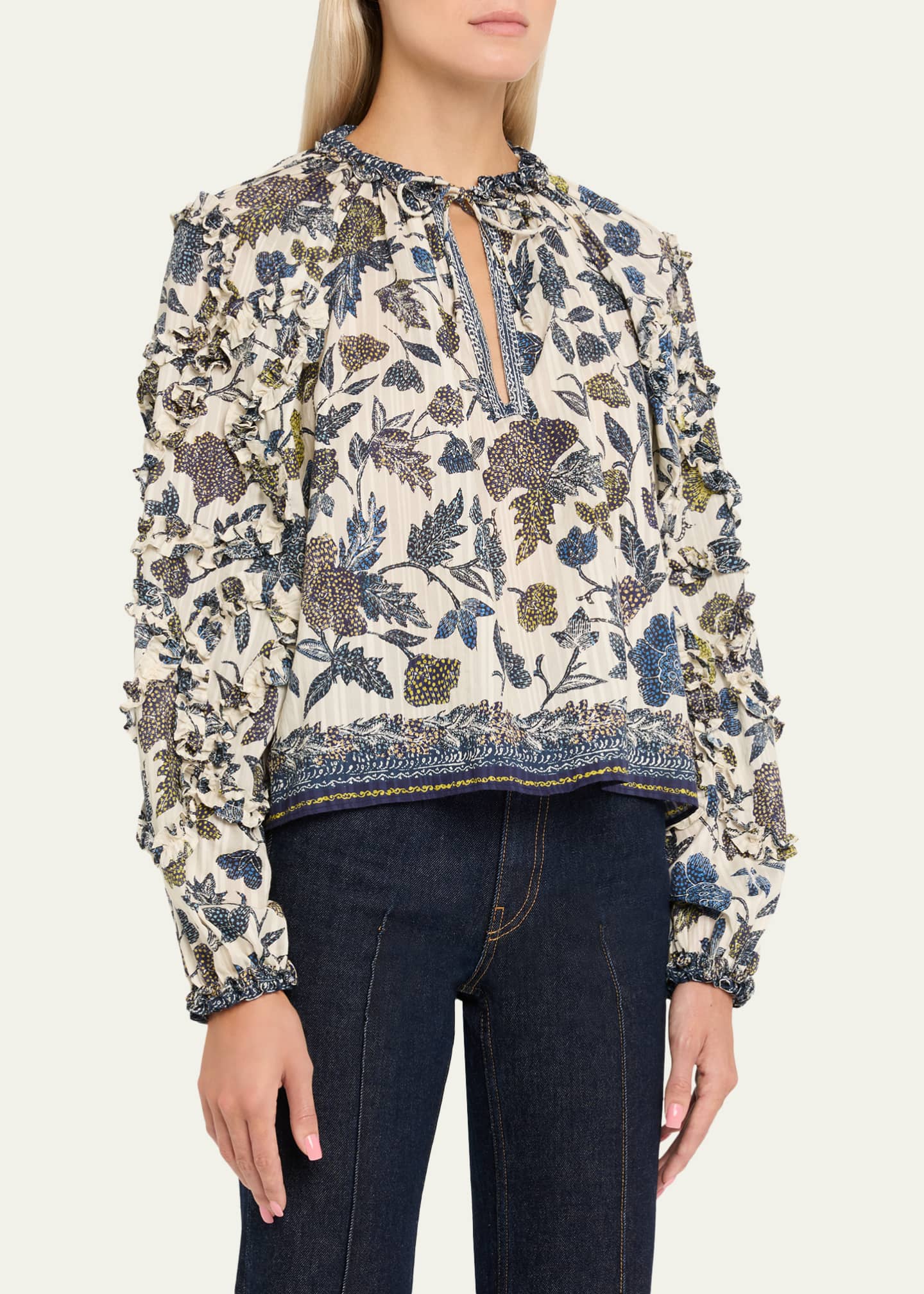 Azrou Floral Long-Sleeve Ruffle Blouse