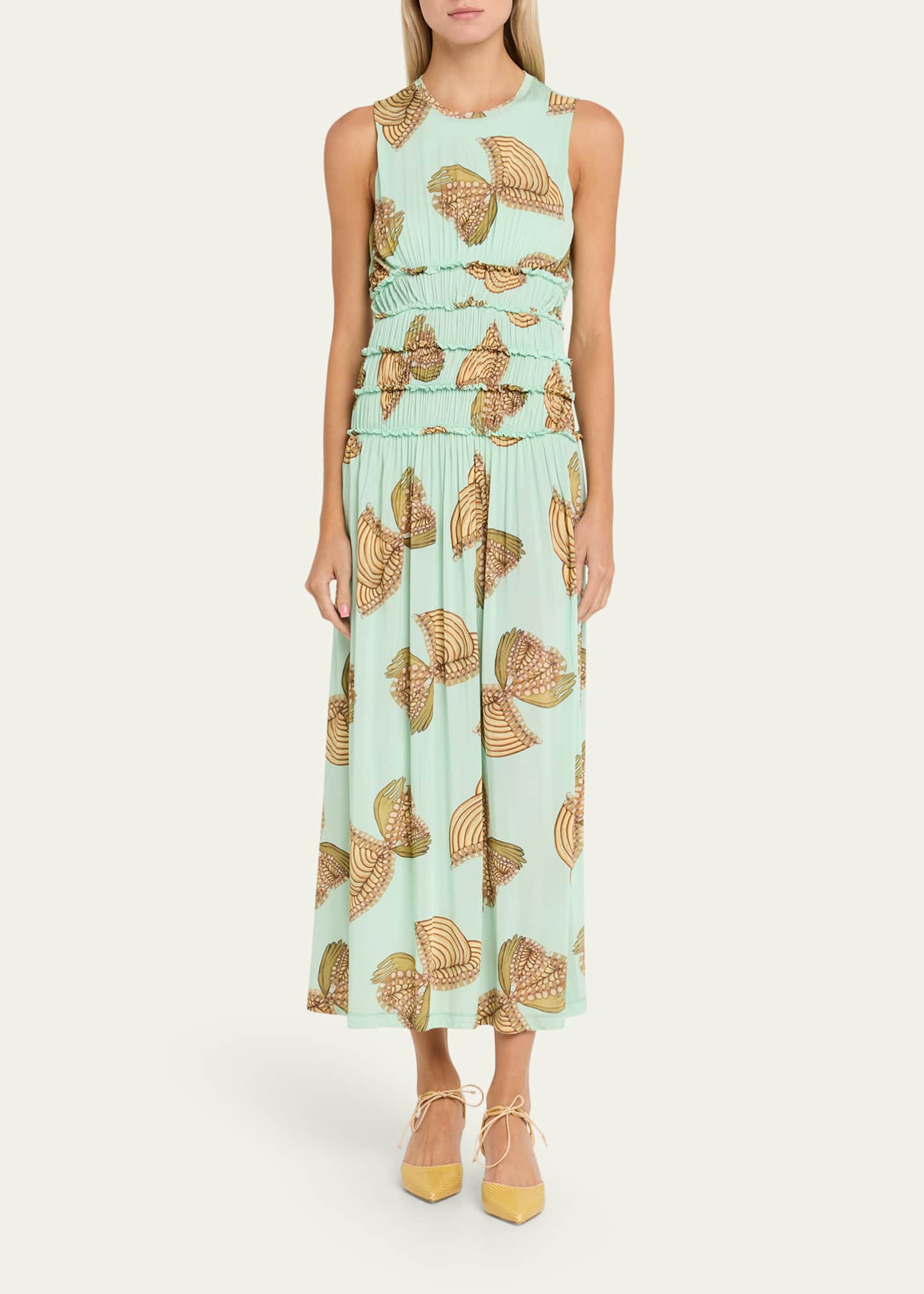 Ulla Johnson Kamaria Sleeveless Gathered Midi Dress, Water Blossom, Women's, Medium, Cocktail & Party Wedding Guest Dresses Sleeveless Dresses