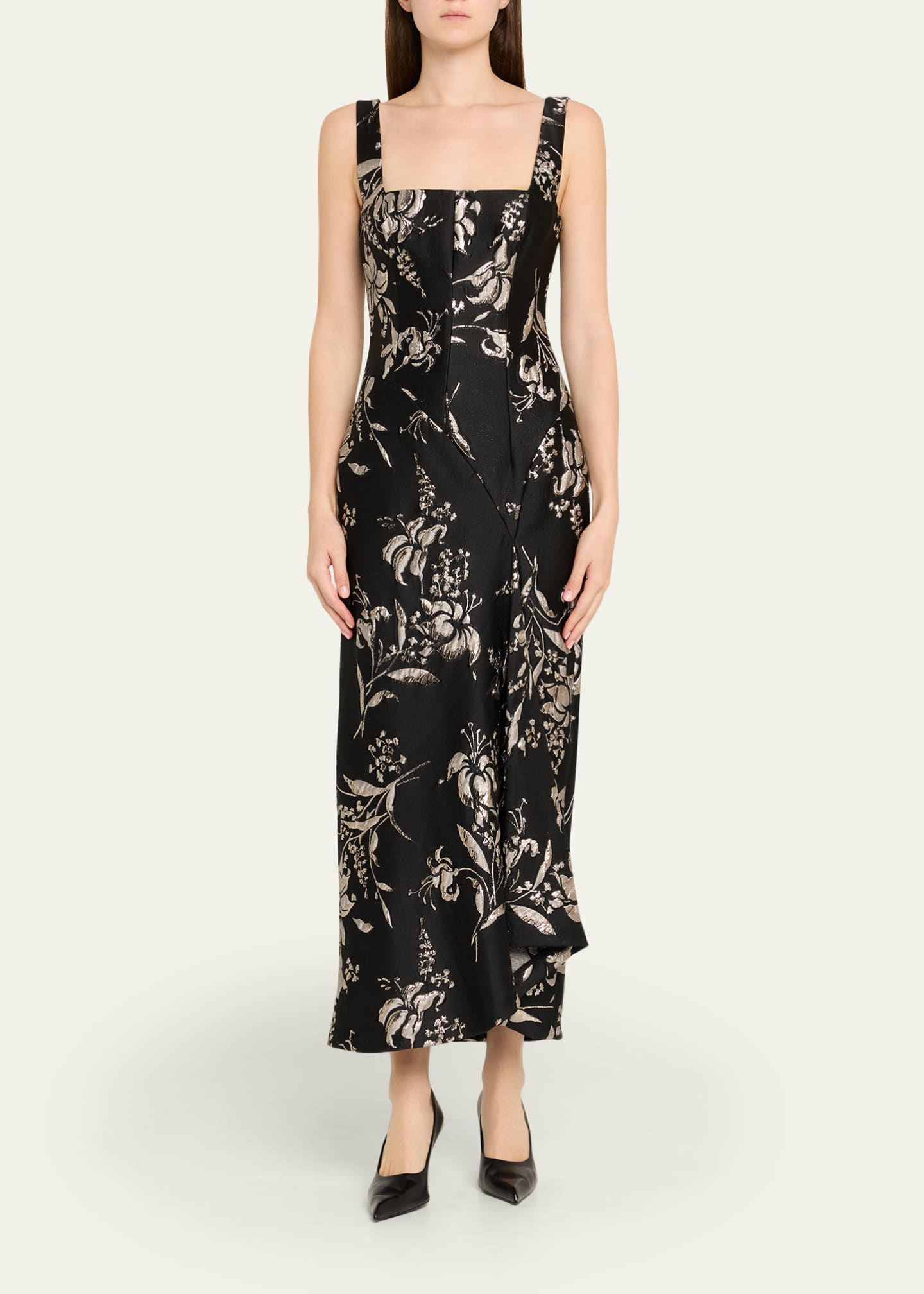 Lela Rose Metallic Floral Jacquard Cascade Dress - Black
