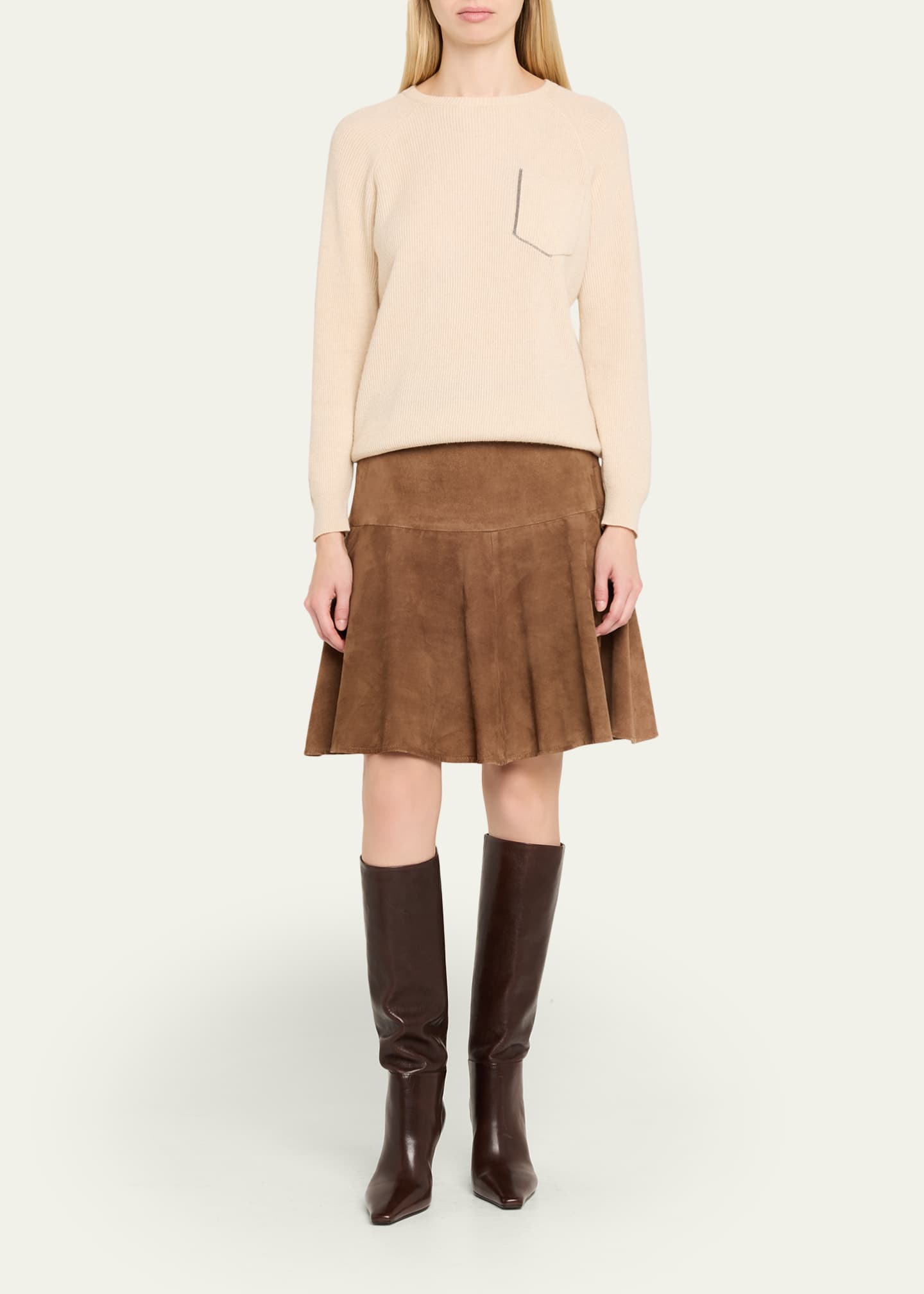 Brunello Cucinelli 80mm Leather Knee-High Boots with Monili Heel