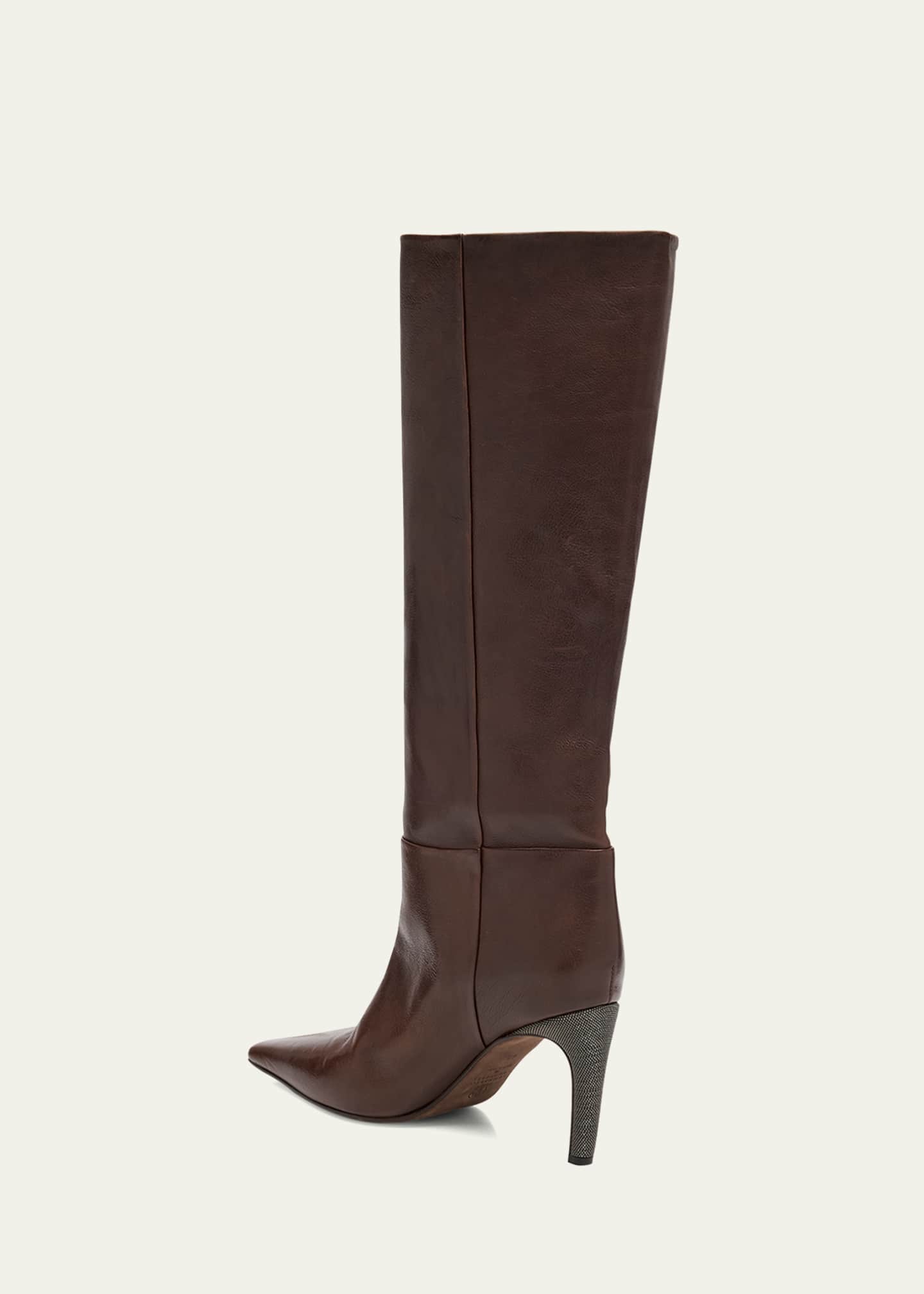 Brunello Cucinelli 80mm Leather Knee-High Boots with Monili Heel