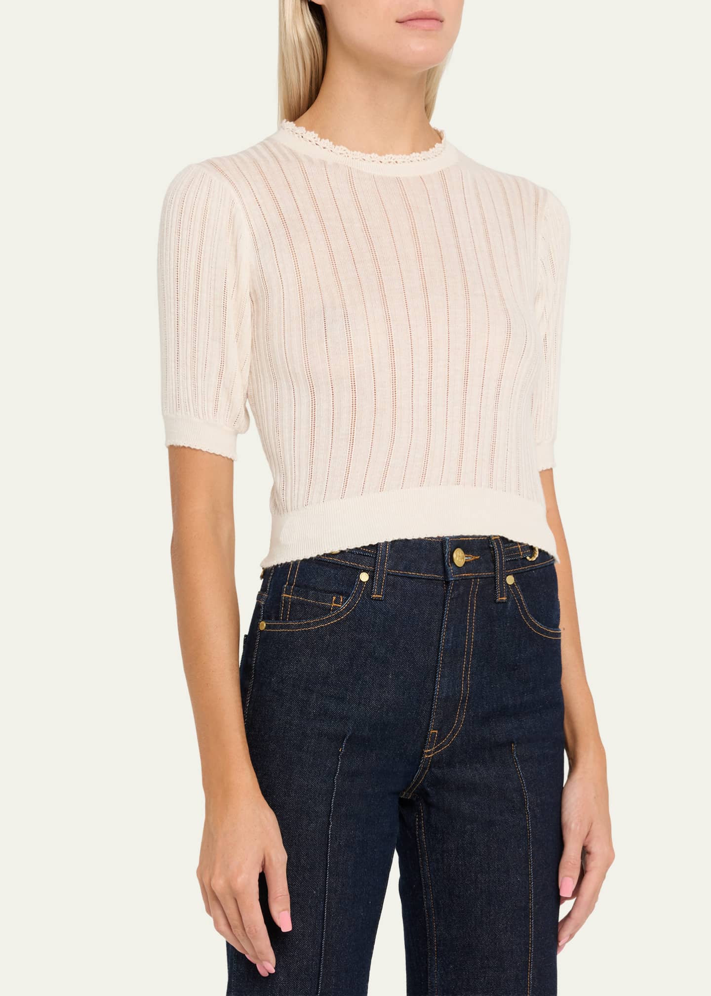 Gemma Puff-Sleeve Pointelle Knit Top