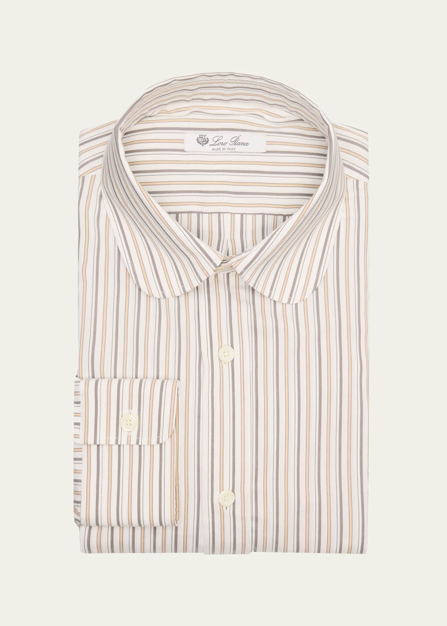 Loro Piana Men's Elia Penny-Collar Stripe Cotton And Silk Dress Shirt, F7da White, Men's, 38, Shirts Tops Formal & Evening Dress Shirts