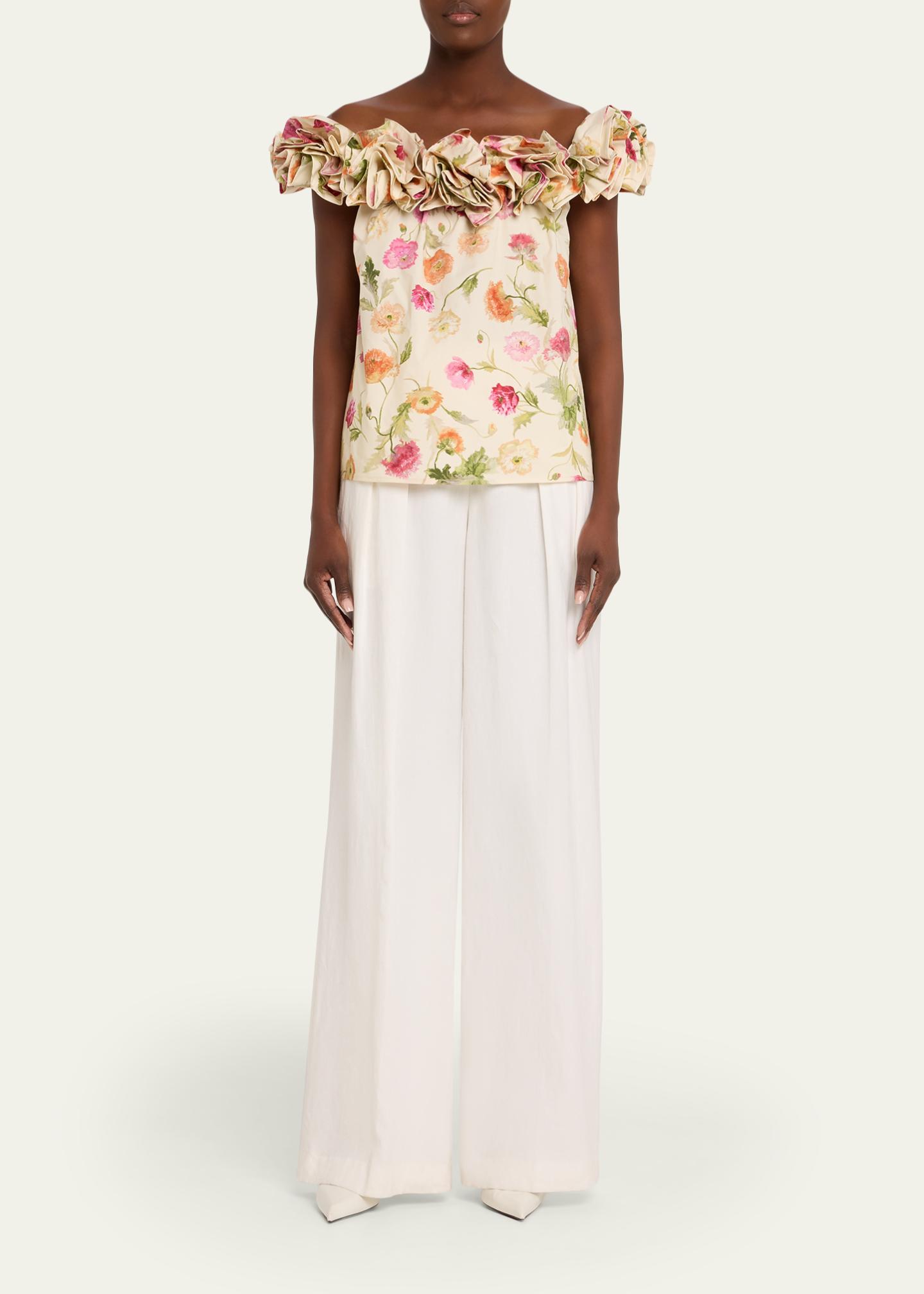Carolina Herrera Rose Off-The-Shoulder Floral Cotton Top