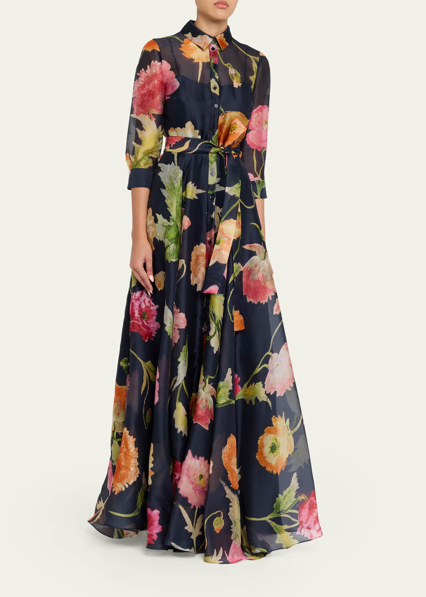 carolina herrera chiffon dress Carolina Herrera Floral Silk Chiffon Belted Trench Gown, Midnight M, Women's, 8, Evening Formal Gala Gowns Mother of the Bride Groom Chiffon Gowns