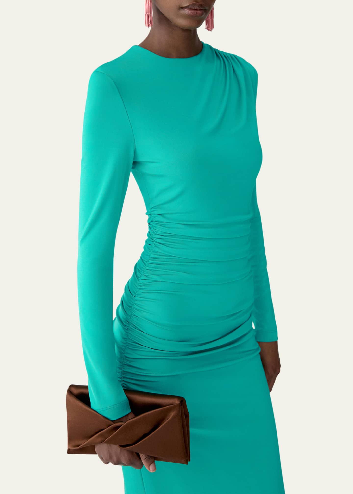 Carolina Herrera Ruched Long-Sleeve Midi Dress - Turquoise