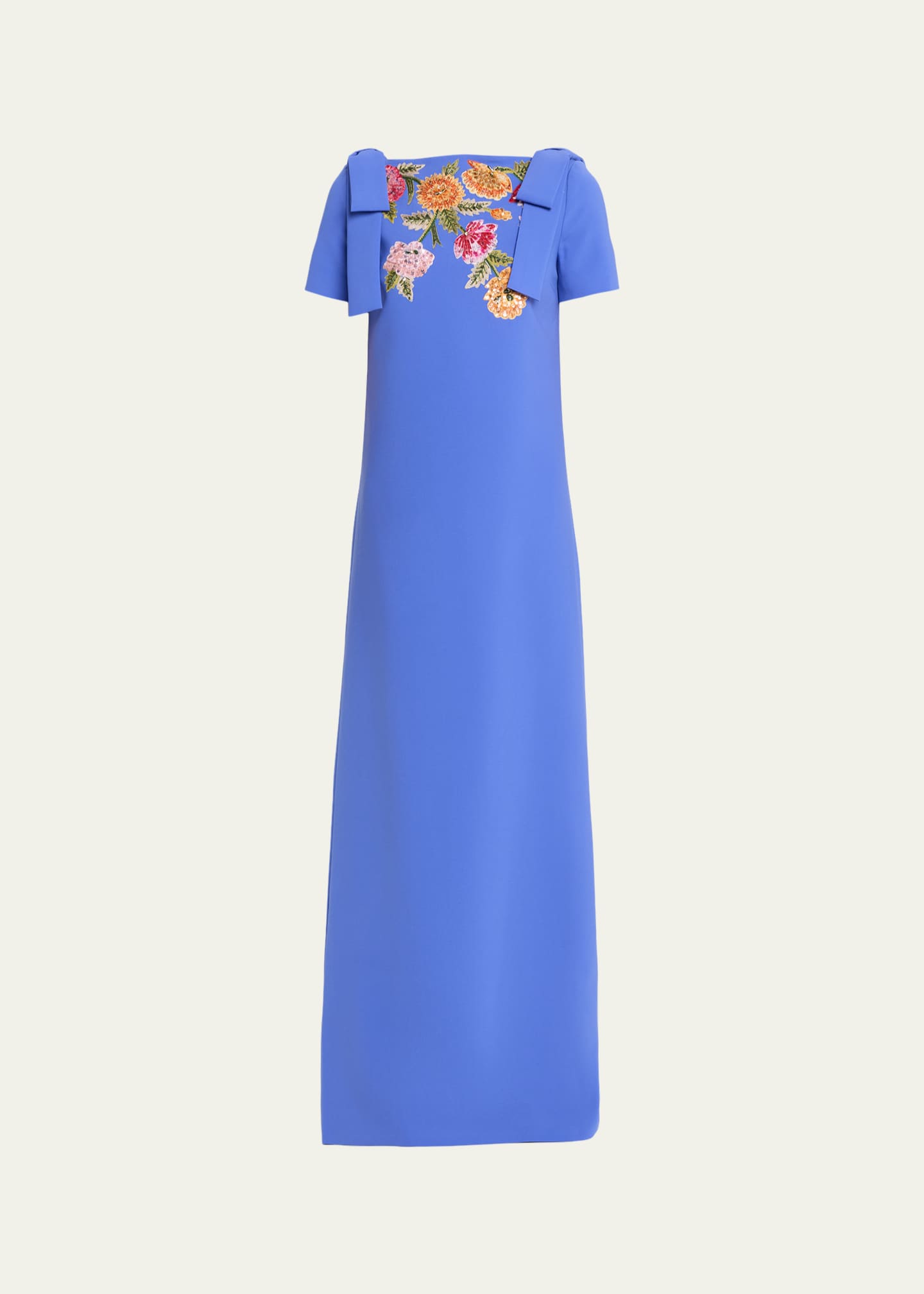 Carolina Herrera Embroidered Bow-Shoulder A-Line Gown, Blue, Women's, 10, Evening Formal Gala Gowns Mother of the Bride Groom A-Line Gowns
