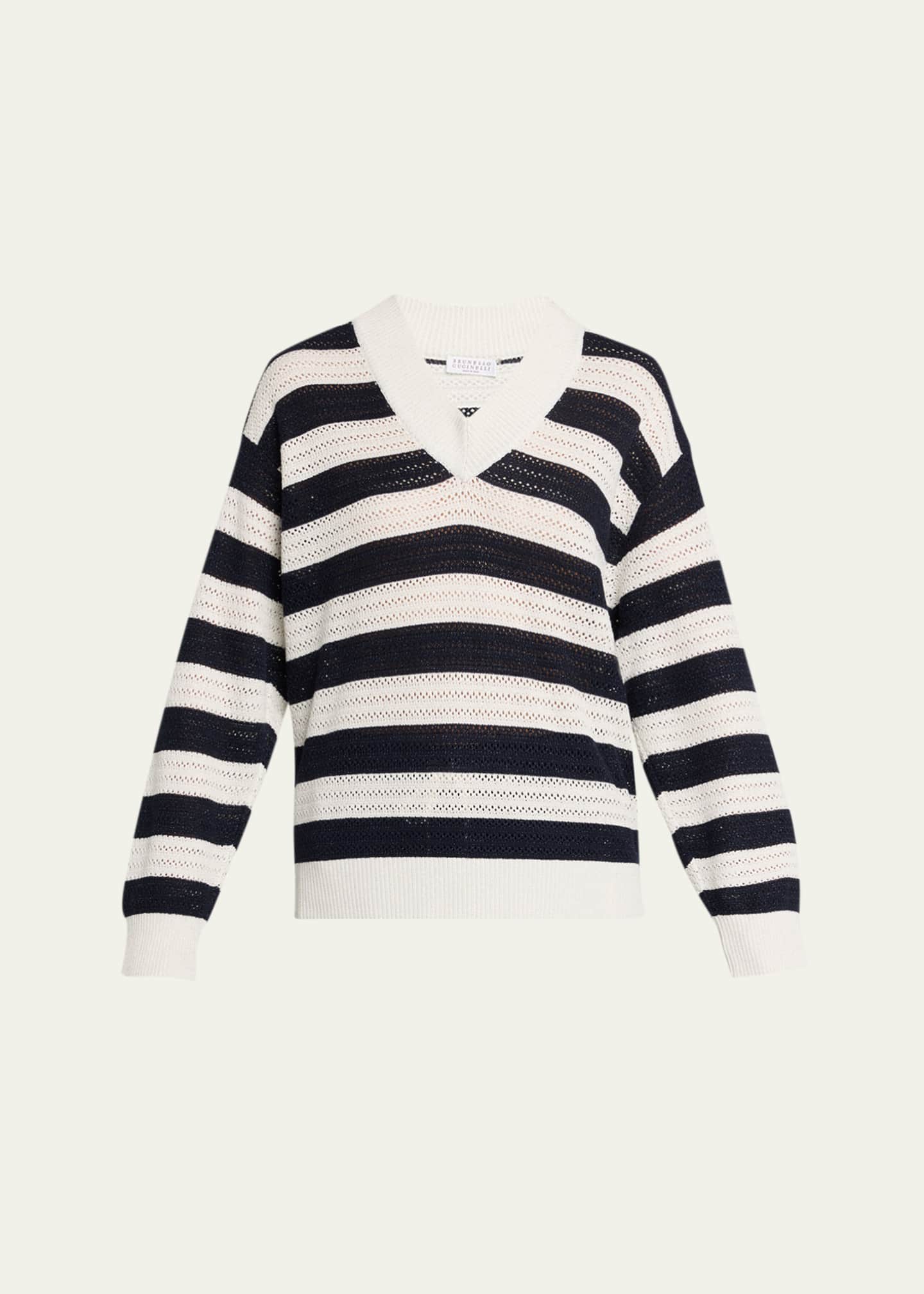 Brunello Cucinelli Sparkling Striped Cotton Net Knit V-Neck