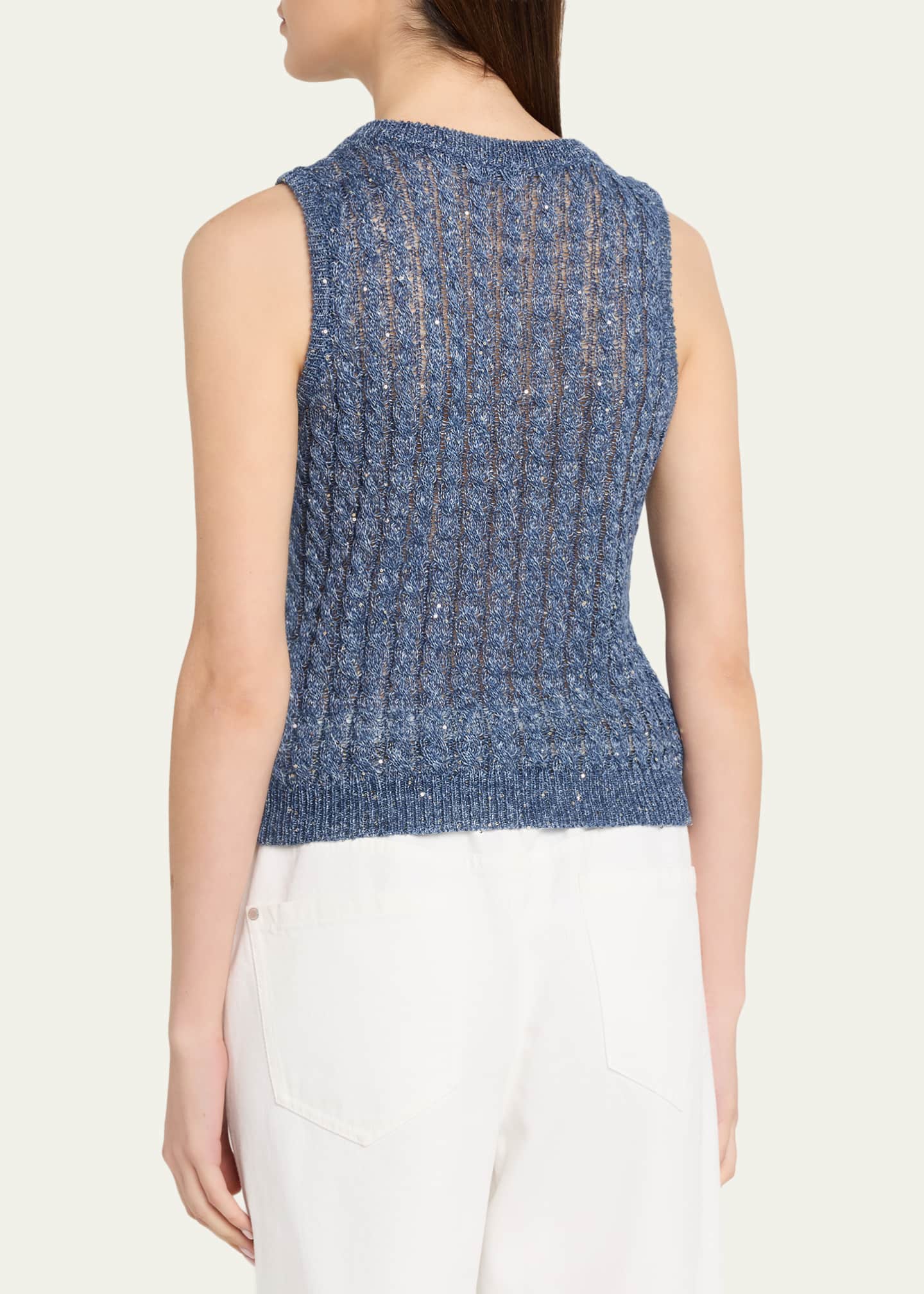 Brunello Cucinelli Linen Dazzling Cable Openwork Knit Tank Top