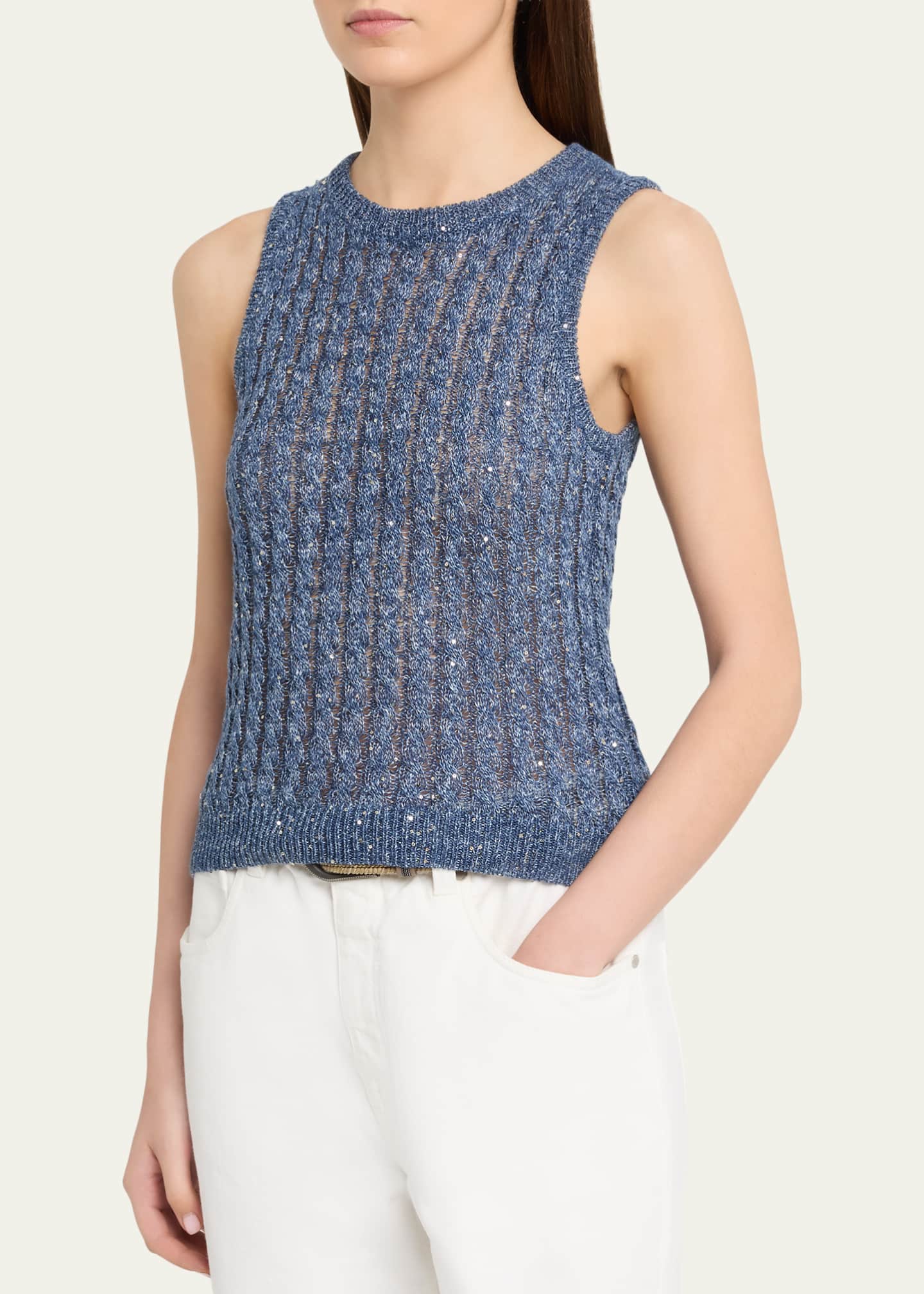 Brunello Cucinelli Linen Dazzling Cable Openwork Knit Tank Top