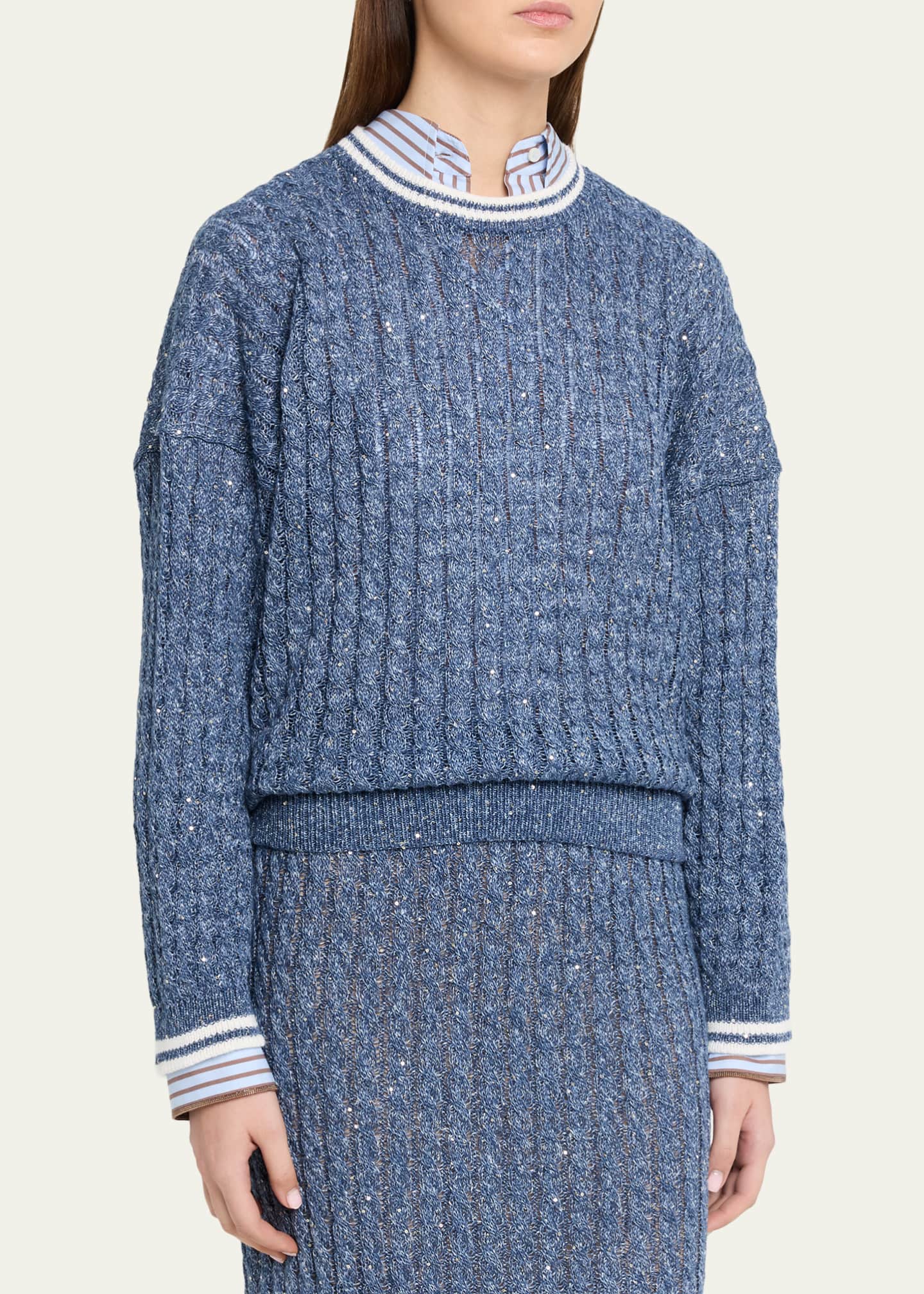Brunello Cucinelli Linen Dazzling Cable Openwork Knit Crewneck