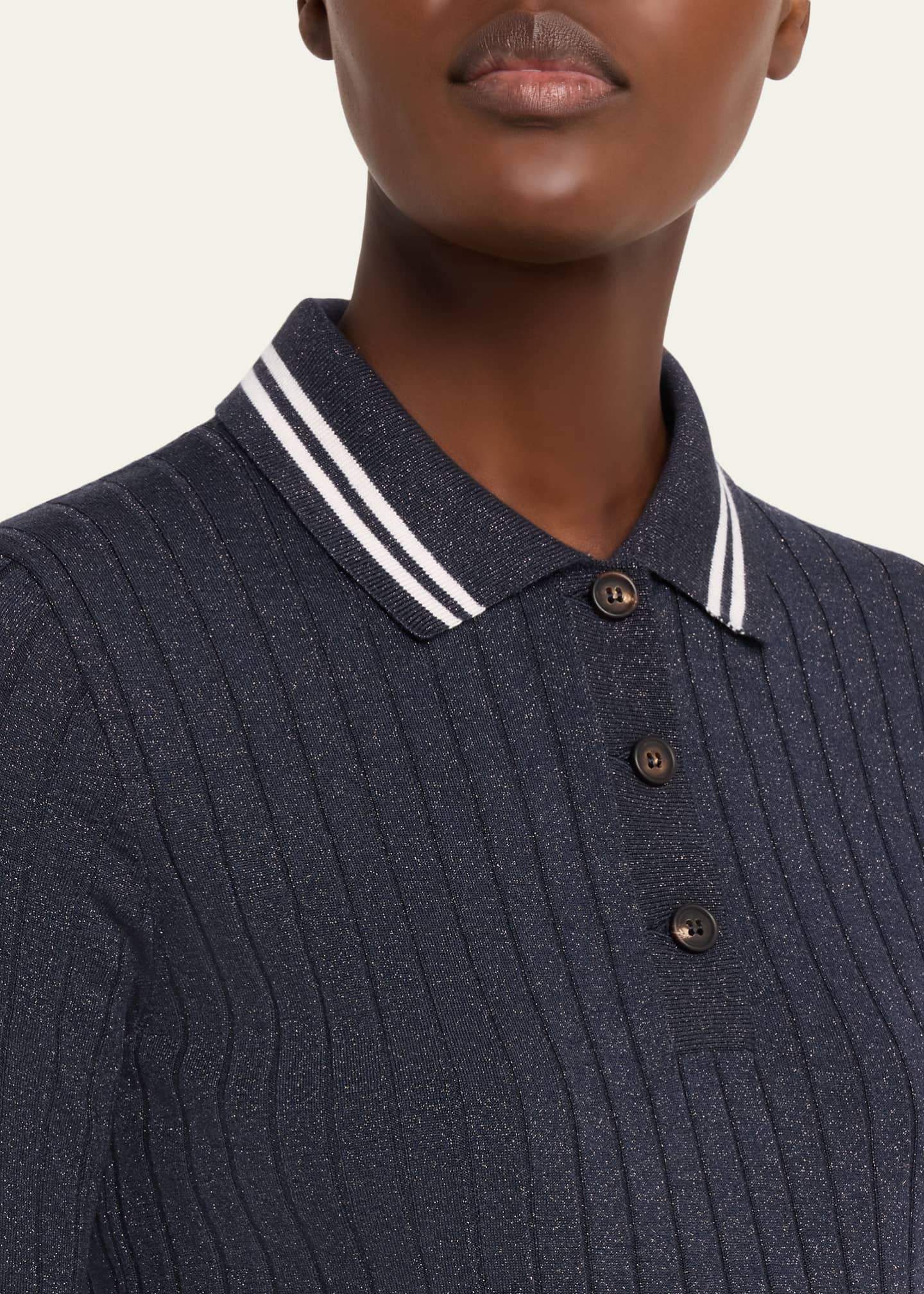 Brunello Cucinelli Shimmering Cashmere Rib Short-Sleeve Polo