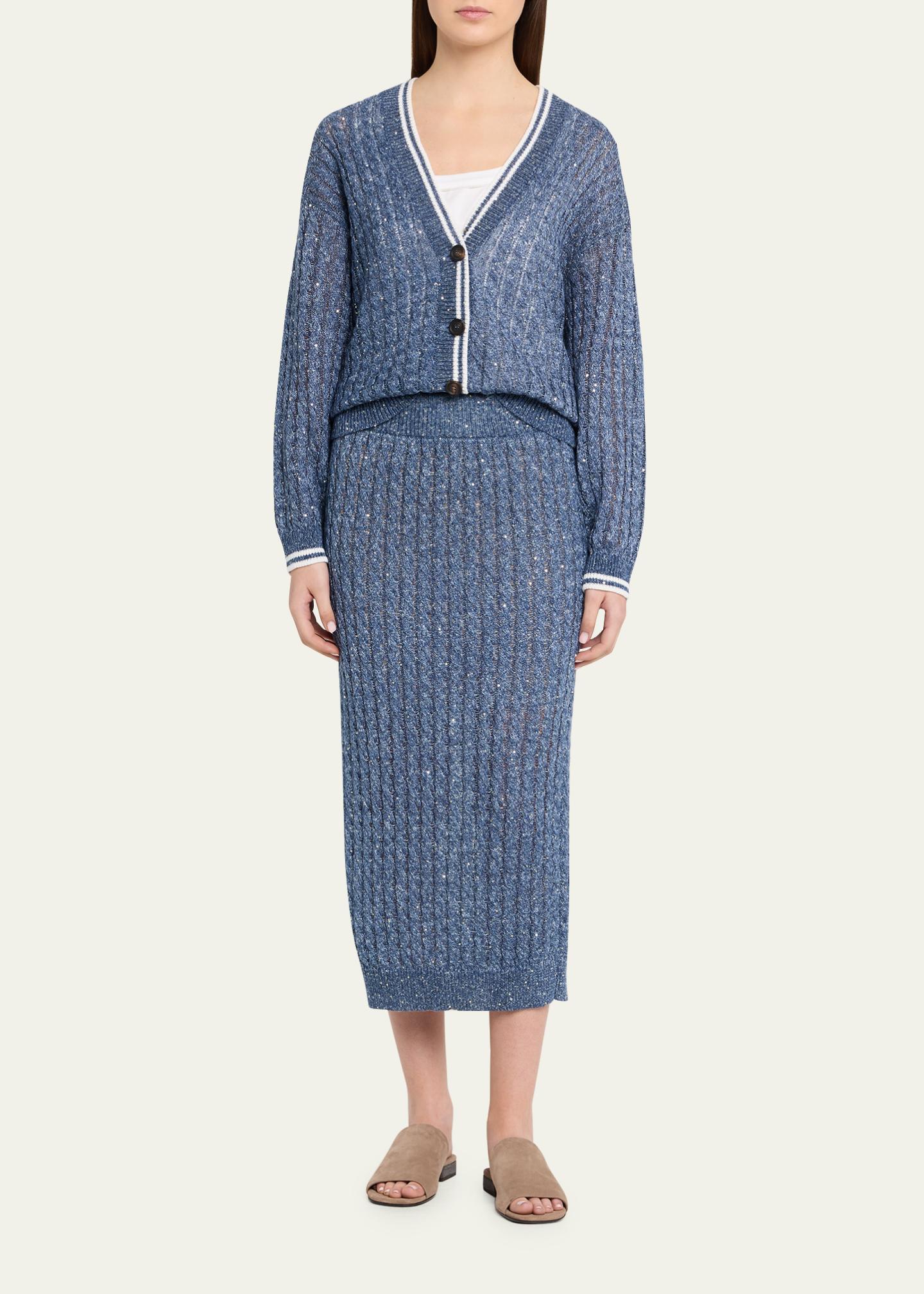 Brunello Cucinelli Linen Dazzling Cable Open-Knit V-Neck Cardigan