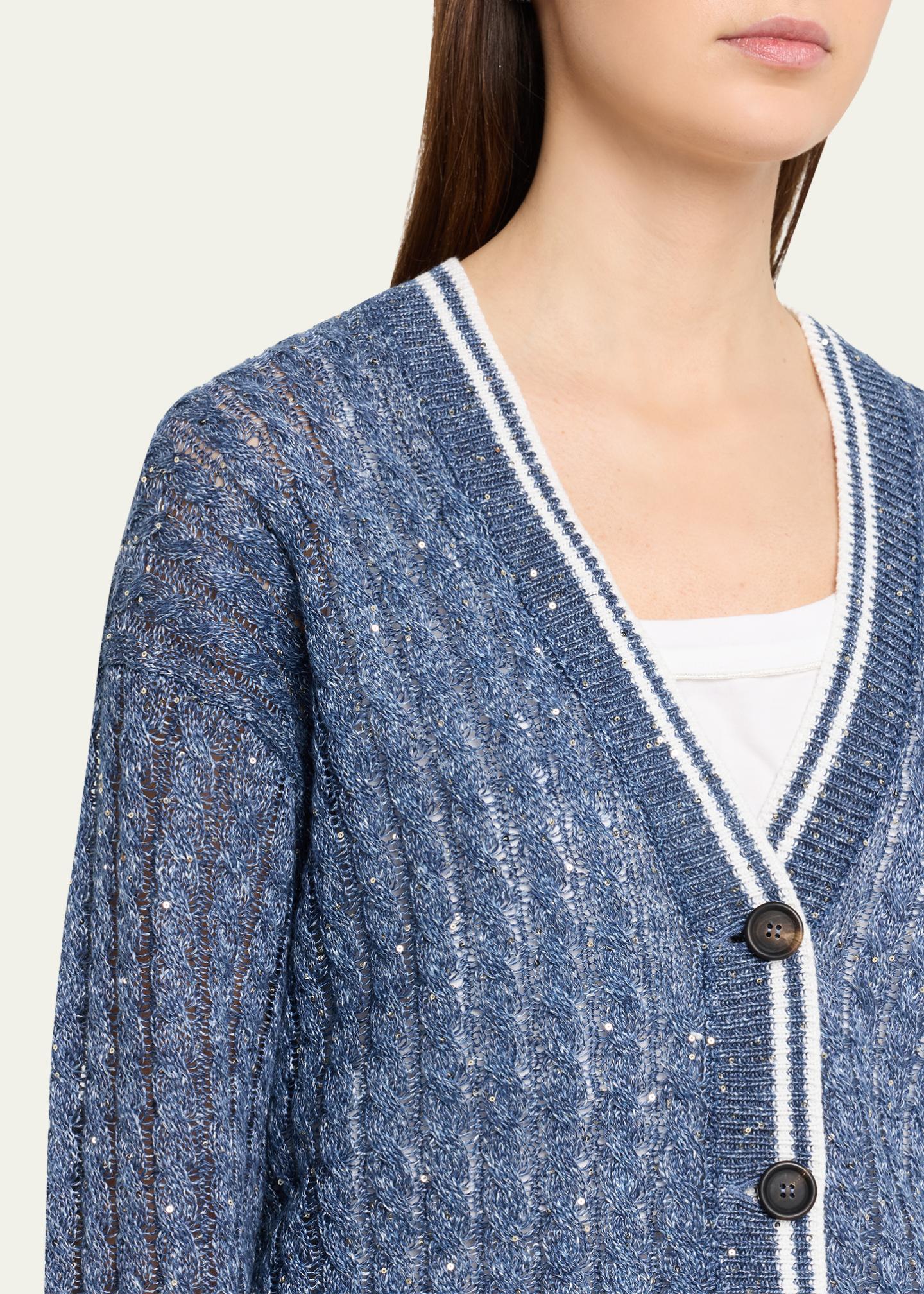 Brunello Cucinelli Linen Dazzling Cable Open-Knit V-Neck Cardigan