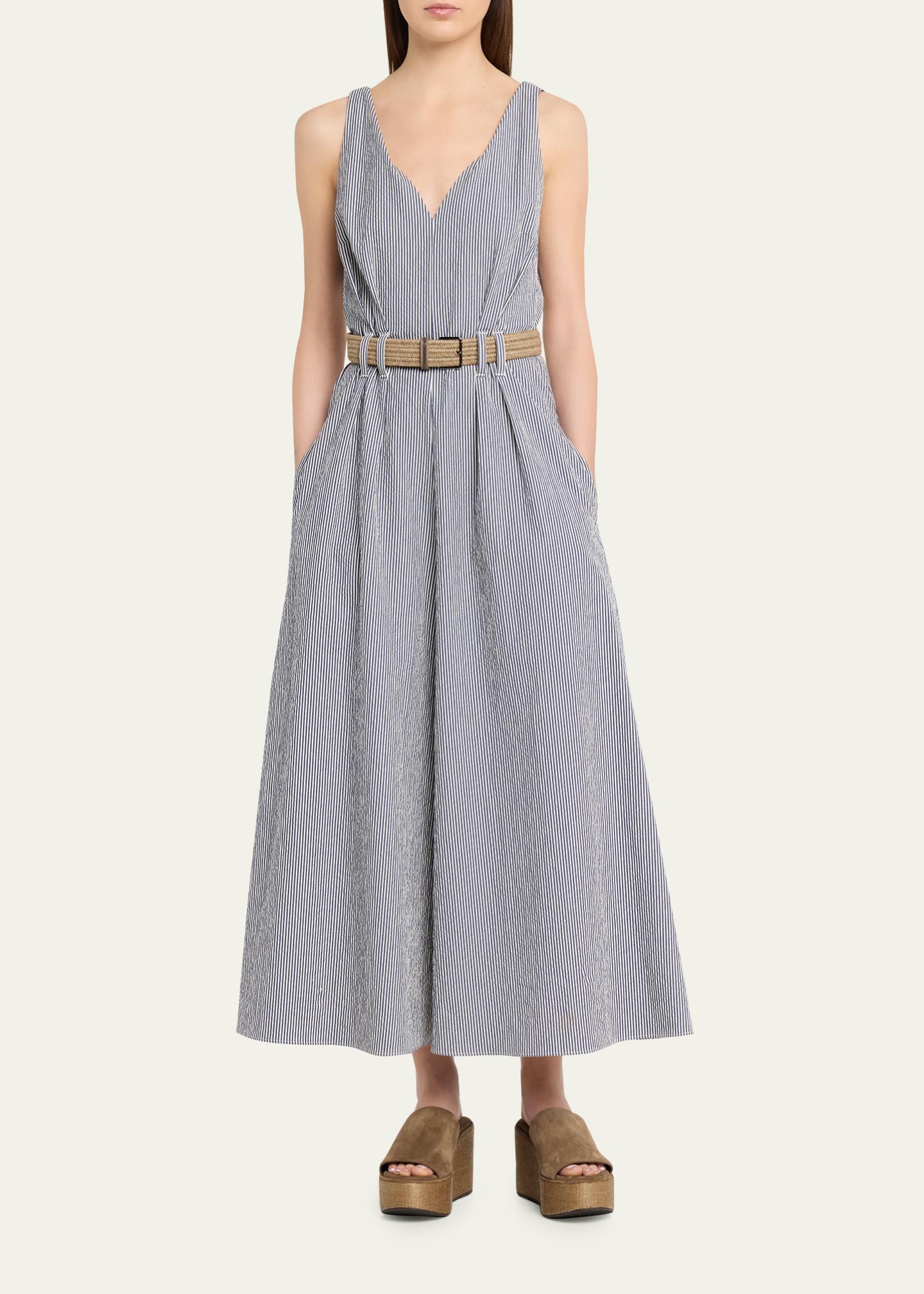 Brunello Cucinelli V-Neck Seersucker Cotton Sleeveless Midi Dress