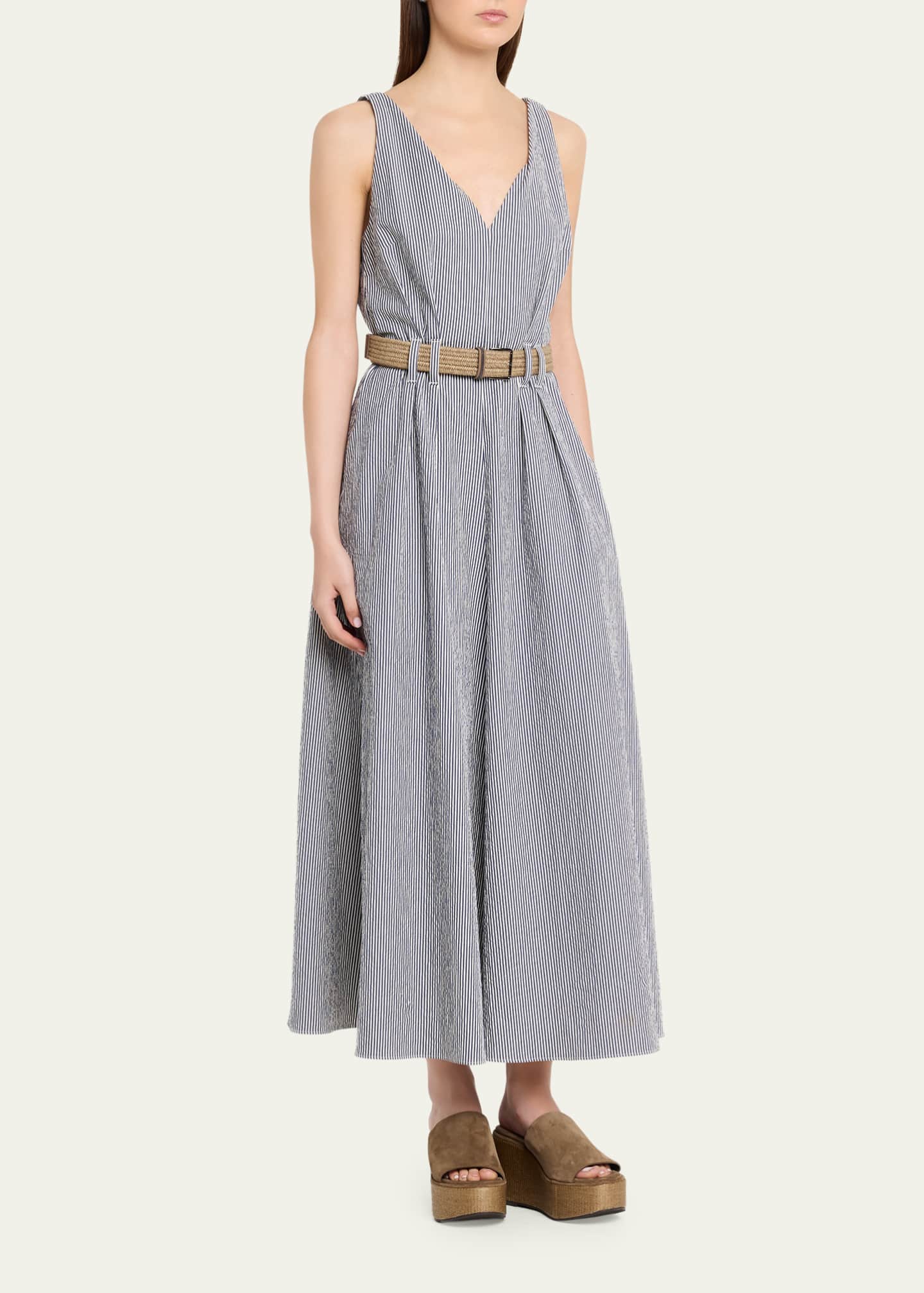 BRUNELLO CUCINELLI Vネック ワンピース M Brunello Cucinelli V-Neck Seersucker Cotton Sleeveless Midi Dress